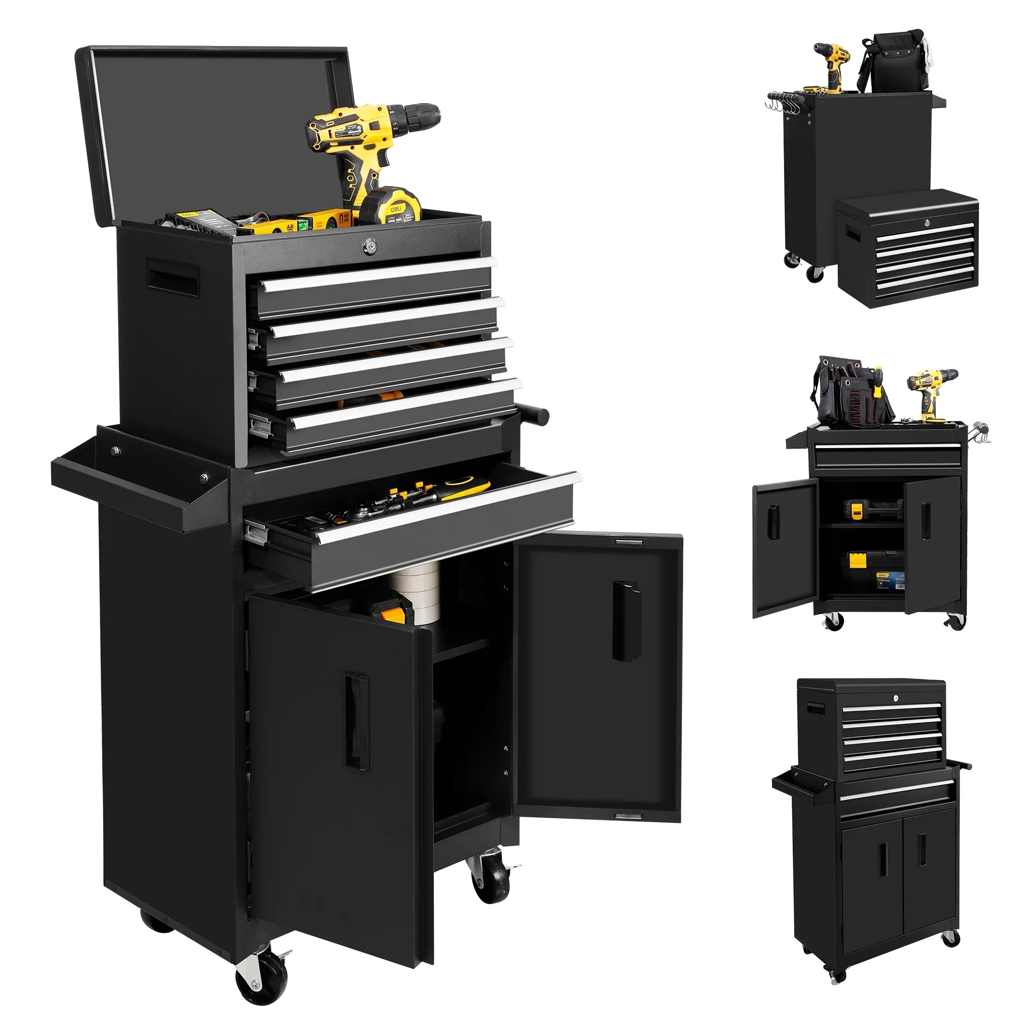 Steelite 2 in 1 Tool Chest & Storage Cabinet, 5 Drawers Rolling Tool Chest with Detachable Top Tool Box for Garage Warehouse Workshop, Rolling Garage Organizer with Handle and 6 Hooks