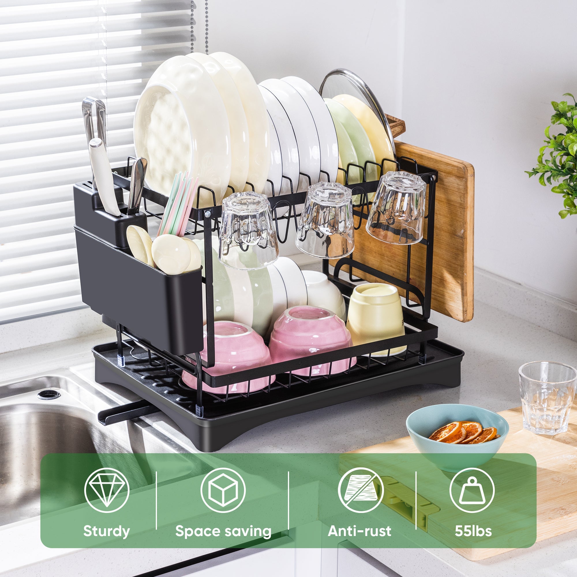 VUSIGN Metal 2-Tier Dish Drying Racks for Kitchen Counter and Sink, Dish Drying Rack with Utensil Holder, Cutting Board Holder, Black