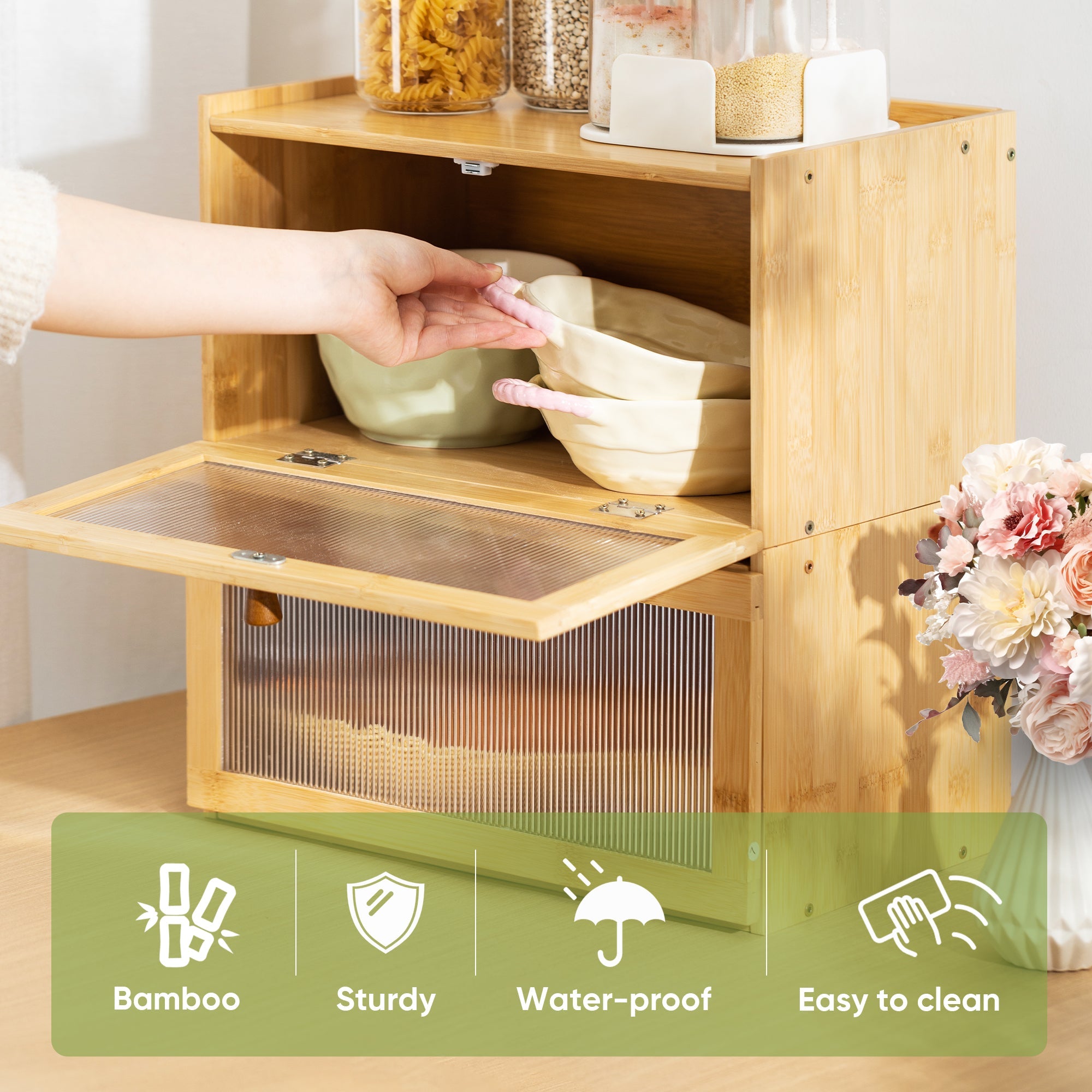 VUSIGN Bamboo Bread Box Acrylic Transparent Window Storage Container, Kitchen Countertop