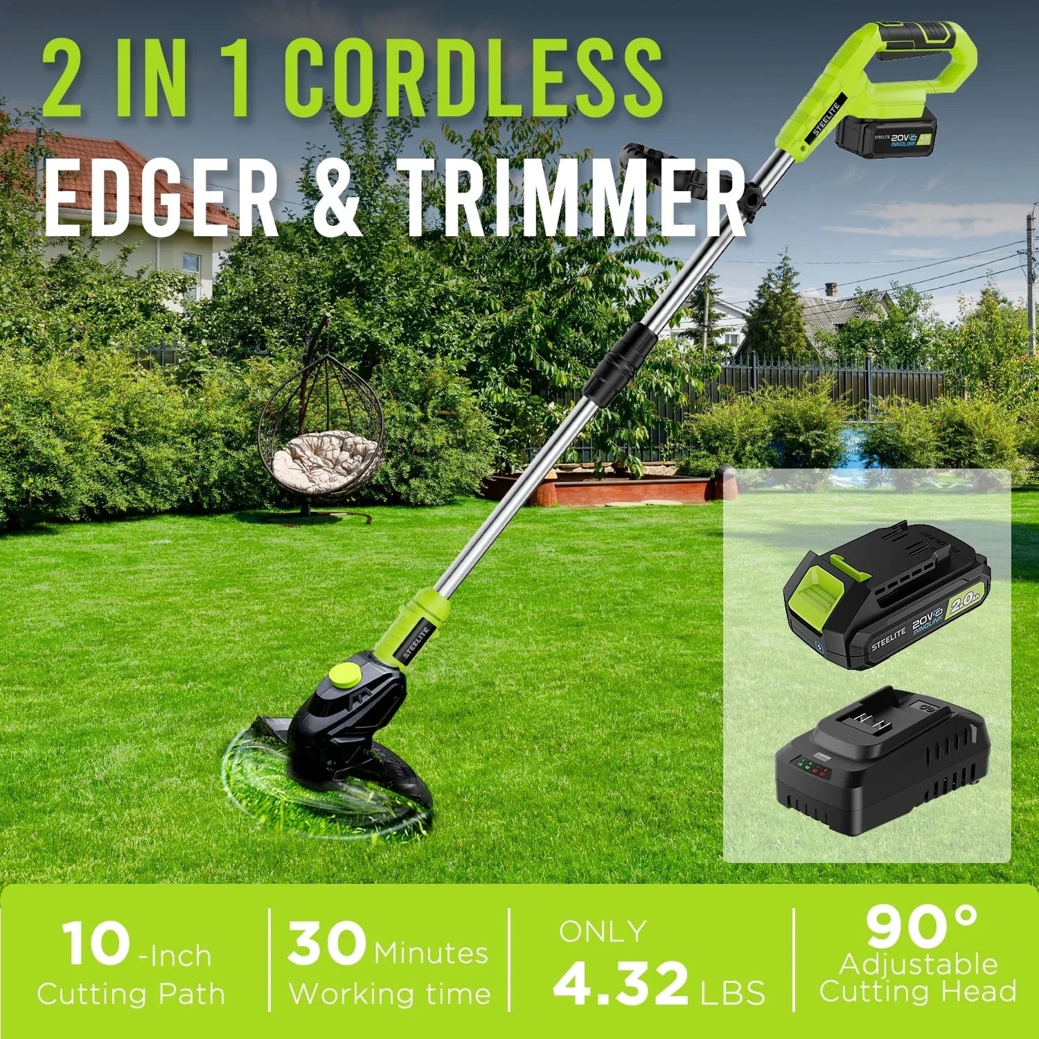 Steelite 21V Max Cordless String Trimmer with Bump Feed, Battery Powered Weed Wacker & Lightweight Grass Trimmer with 2.0Ah Battery  for Trimming and Edging
