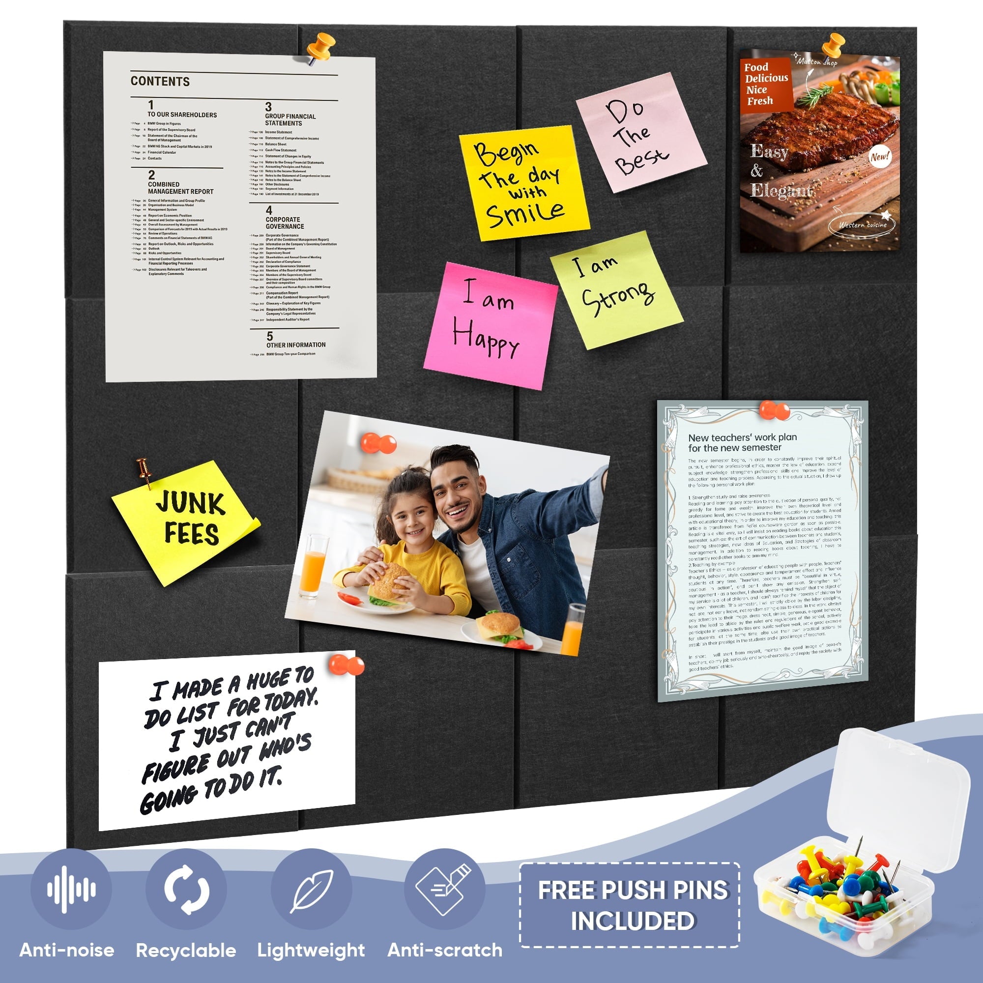 VUSIGN Large Cork Board for Wall 48" x 36", Black Bulletin Board, 12 Pack Felt Wall Tiles with Pushpins, Notice Board for Home Office Kitchen