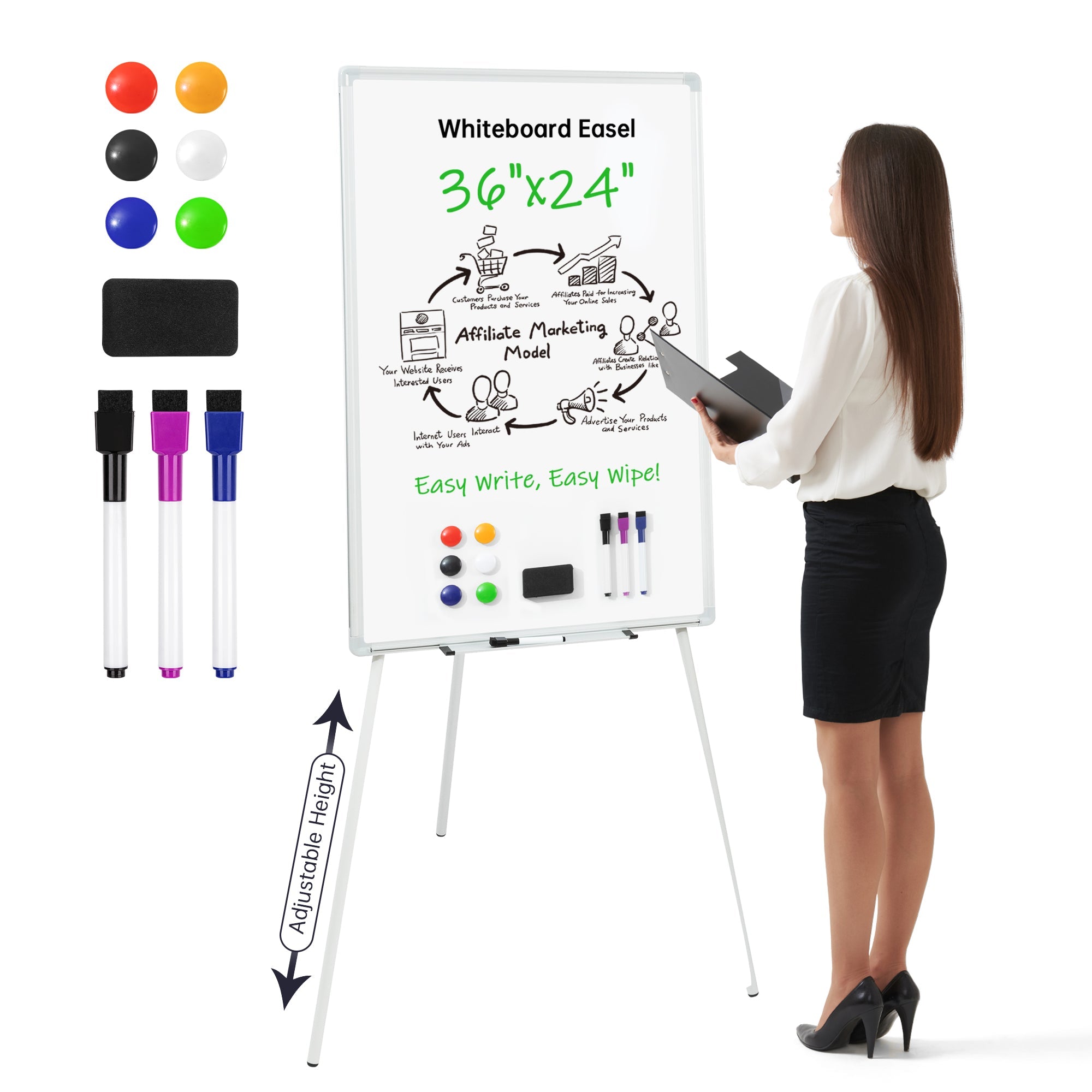 Easel Whiteboard-VUSIGN Magnetic Portable White Board 36 x 24, Tripod Height Adjustable, Easel Stand White Board for School or Office & Teaching at Home