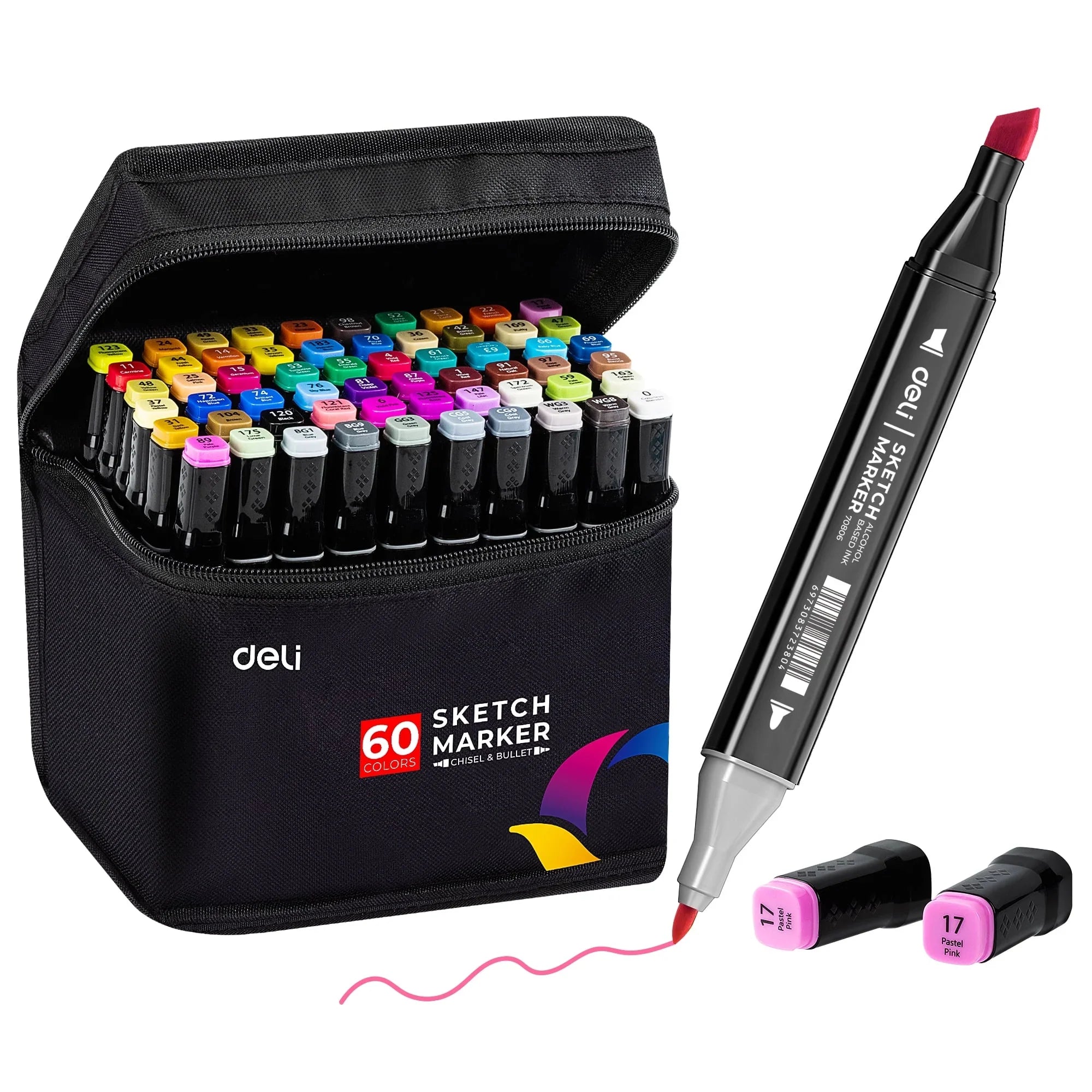 Deli Art Markers Set, 60 Colors Dual Tips Coloring Marker Pens Highlighters