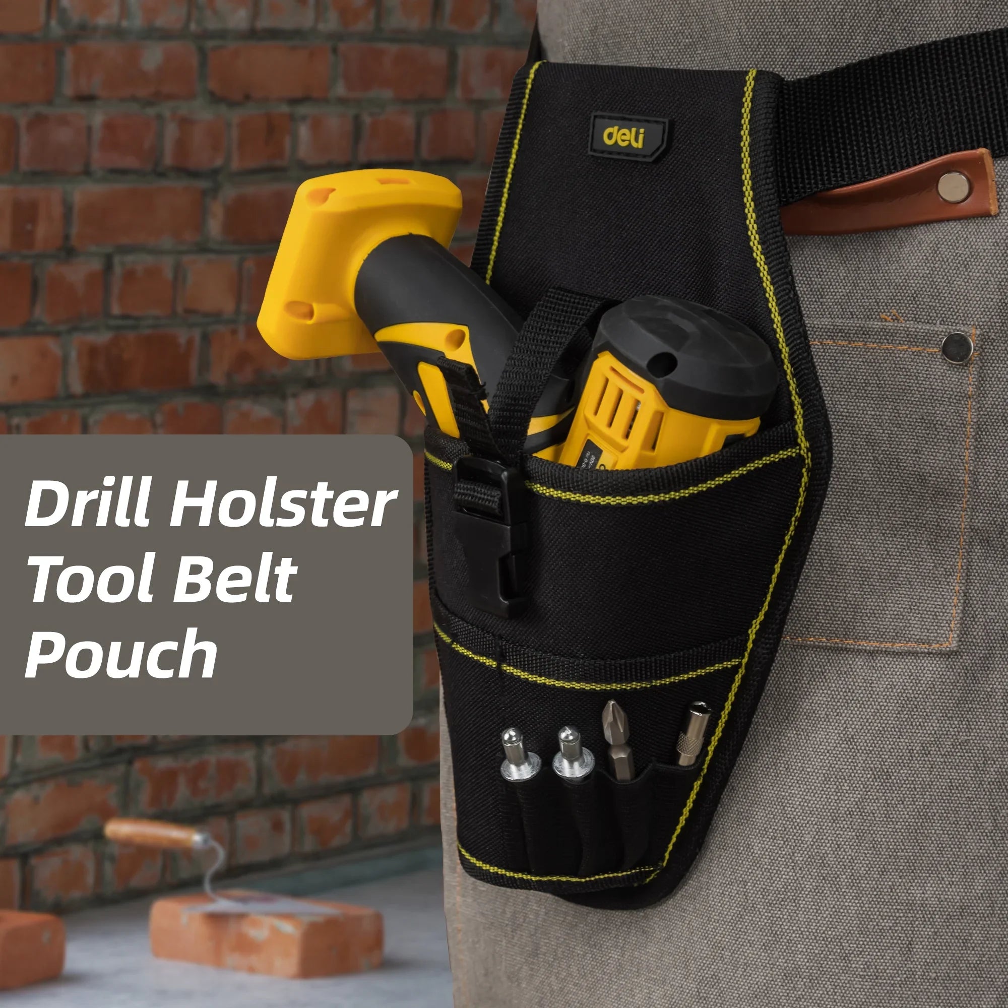 Deli Drill Holster Tool Pouch Small Tool Belt Pouch, 4 Pockets Tool Bag Tool Organizer for Electricians Construction Technician, Black