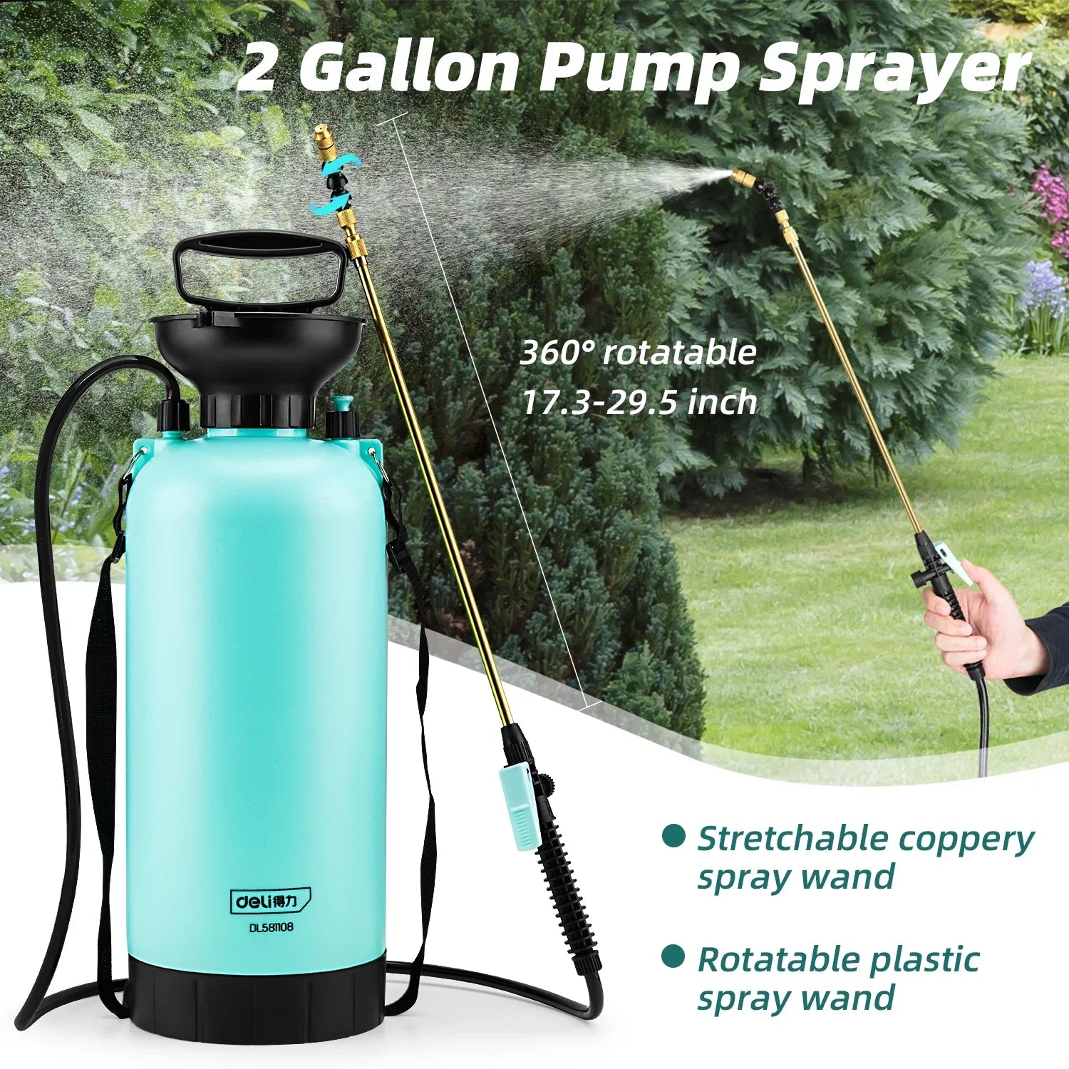 Deli 2-Gallon Pump Pressure Sprayer, Pressurized Lawn & Garden Water Spray Bottle with Adjustable Shoulder Strap, Pressure Relief Valve, for Spraying Plants, Garden Watering and Household Cleaning