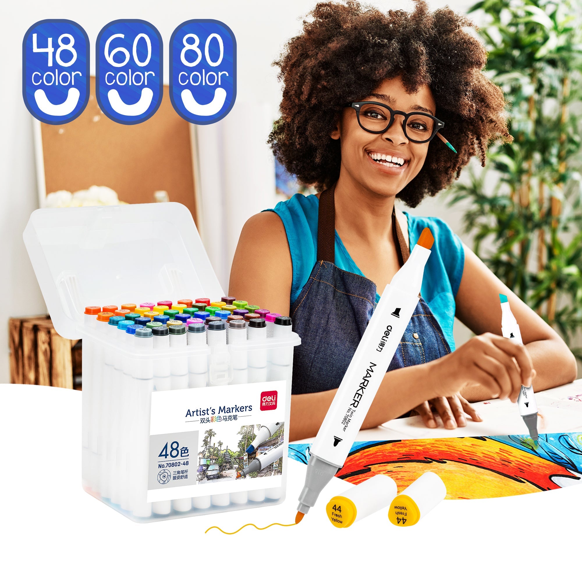 48 Colors Dual Tips Permanent Marker Pens Art Markers Set with Storage Box
