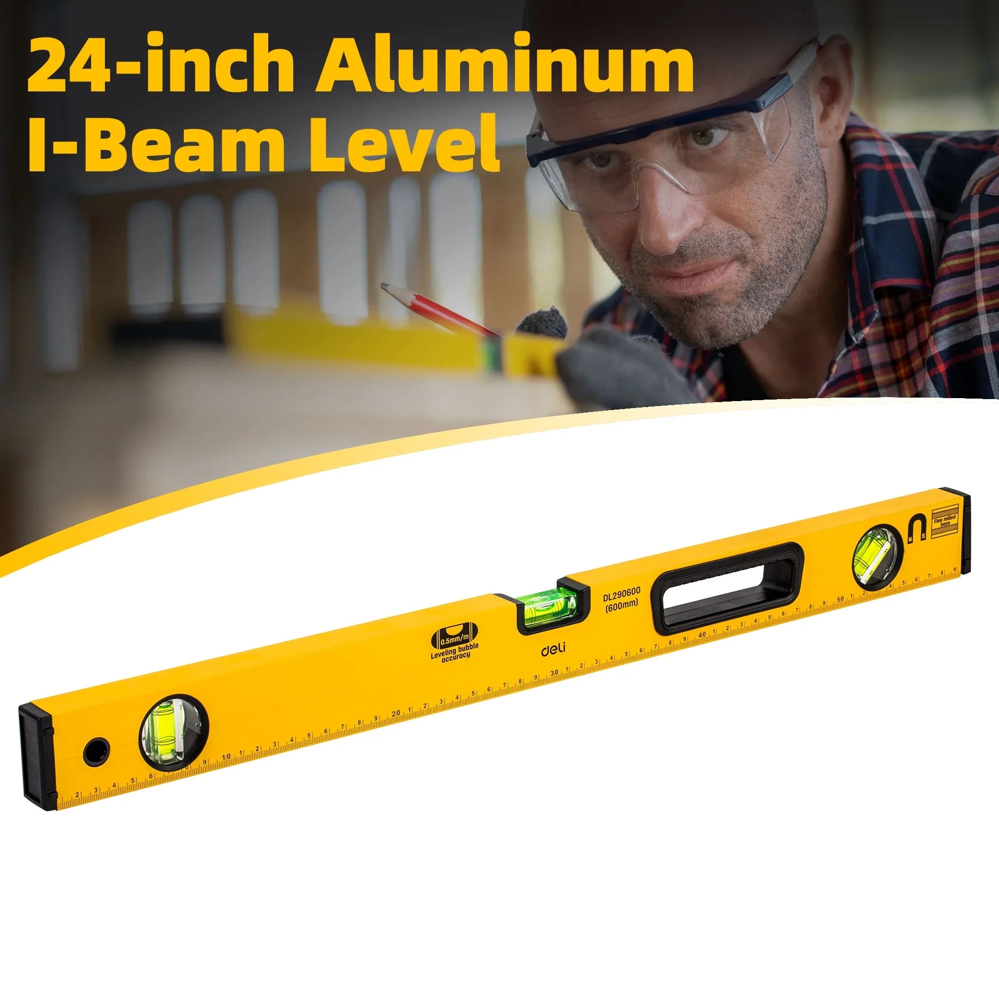 Deli 24-inch Aluminum I-Beam Level,Magnetic Torpedo Level and Ruler with Top-Read Window,180/90/45 Degree Bubbles, Shock-Resistant For Leveling, Measuring, Marking