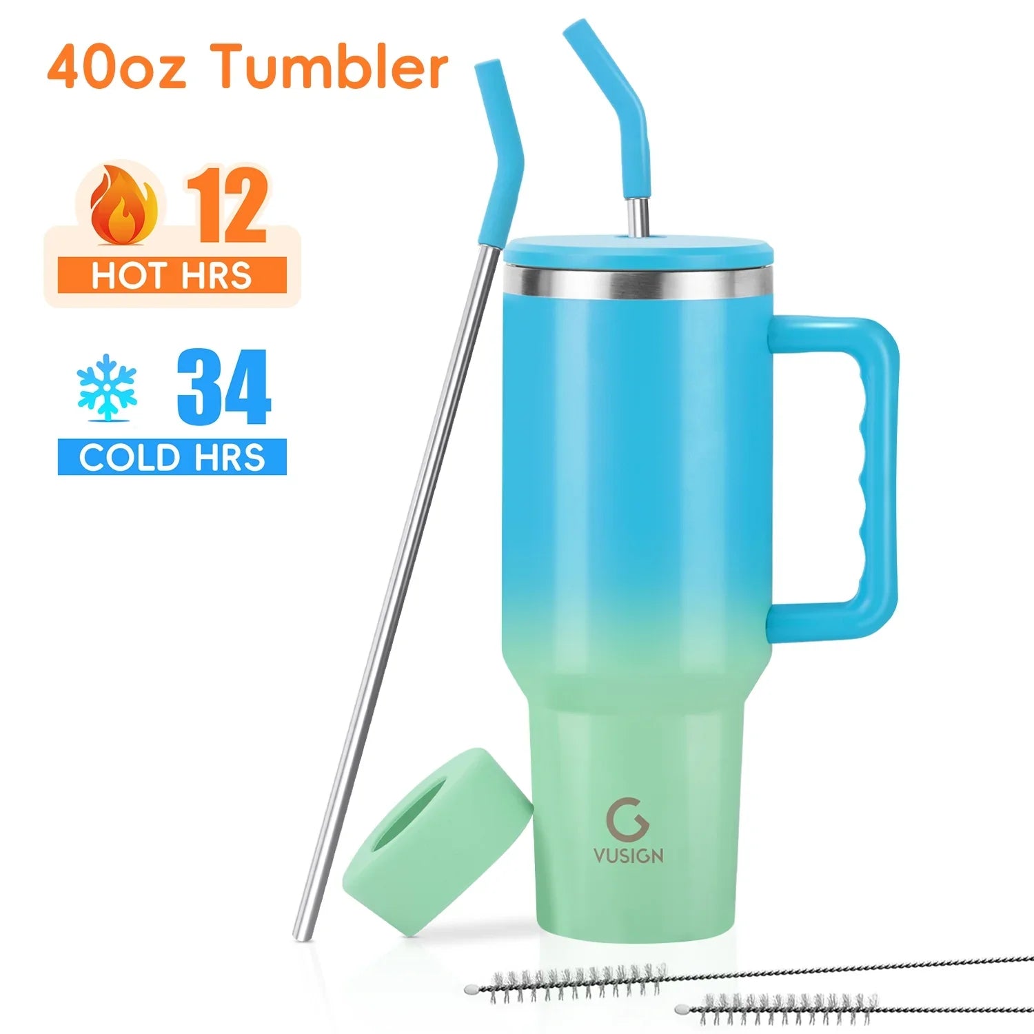 VUSIGN 40 oz Tumbler, Double Wall Stainless Steel Vacuum Insulated Tumbler with Handle and Straw Lid,Travel Mug Water Bottle Cup, Blue-Green Mixed