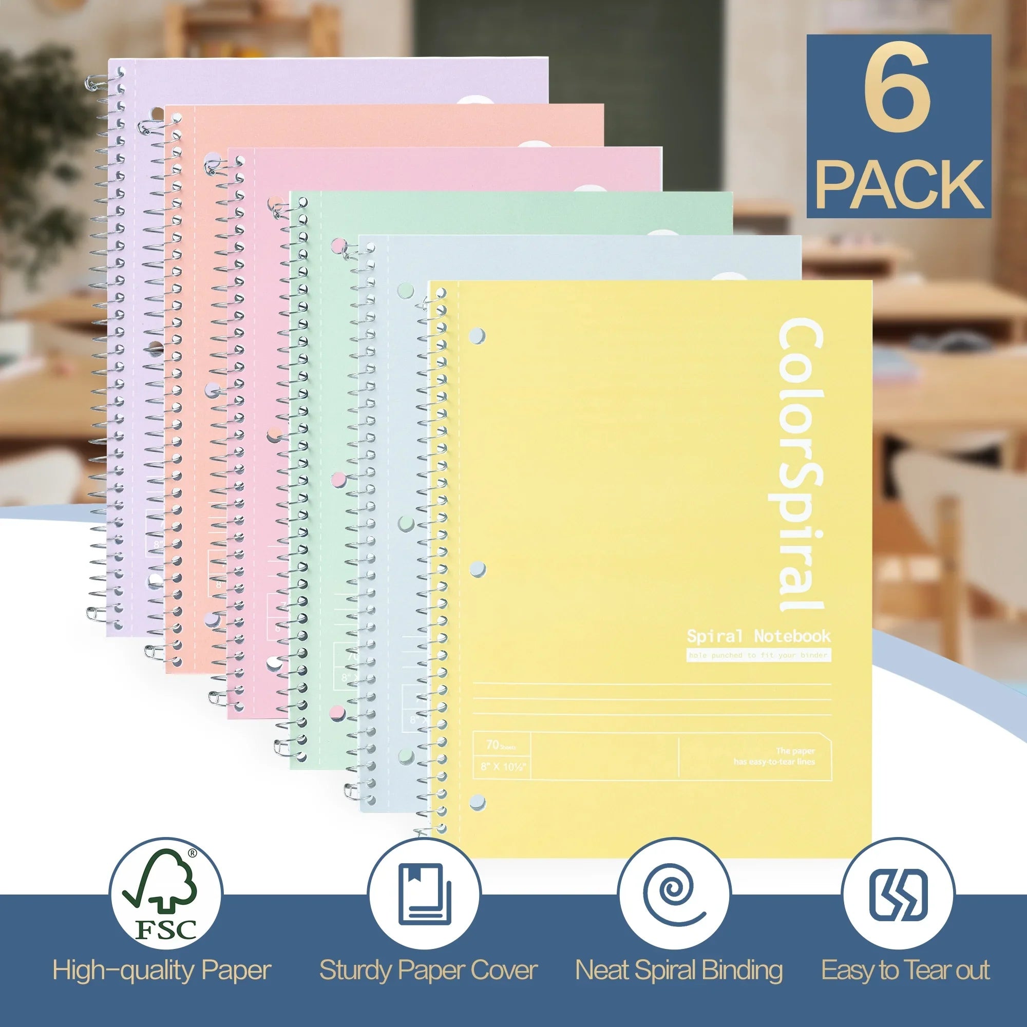 Deli Spiral Notebook 6 Pack, 1 Subject, College Ruled Paper, 8" x 10-1/2", Wide Ruled, 70 Sheets, Assorted Bright Colors