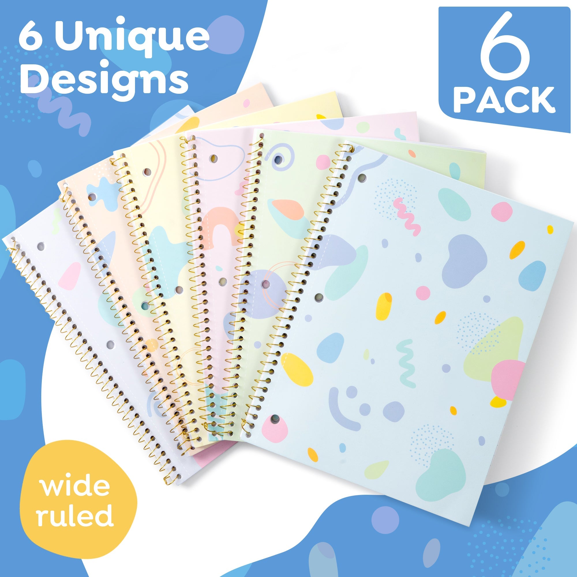 Deli Spiral Notebooks, 6 Pack Composition Books, 1-Subject, Wide Ruled Paper, 8" x 10-1/2", 70 Sheets, Assorted Pastel Colors