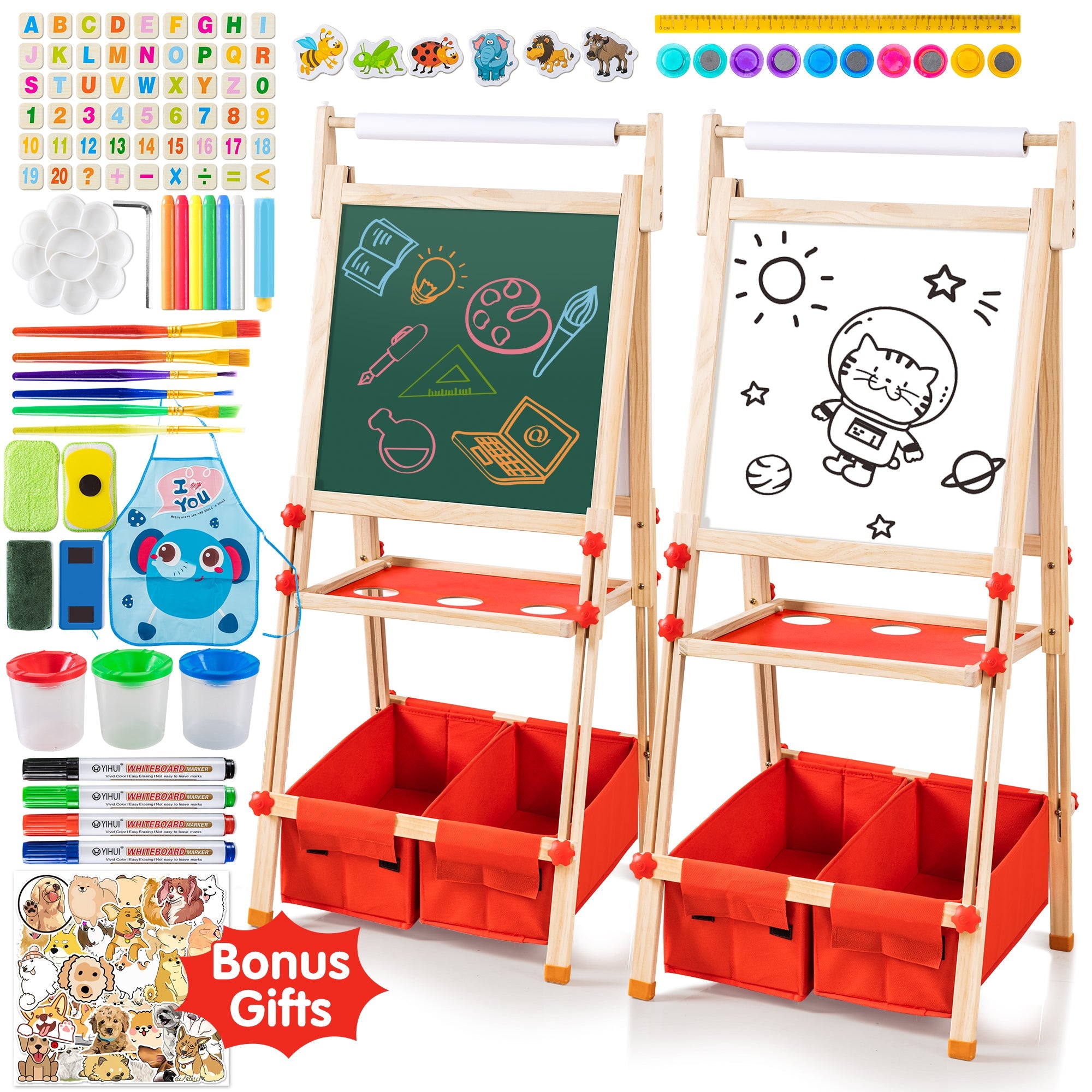 Deli All-in-One Art Easel Kids Easels for Kids, Height Adjustable Wooden Art Easel with Paper Roll for Toddlers 2-4 Years and Magnetic Double Sided Art Easel for Kids Ages 4-8