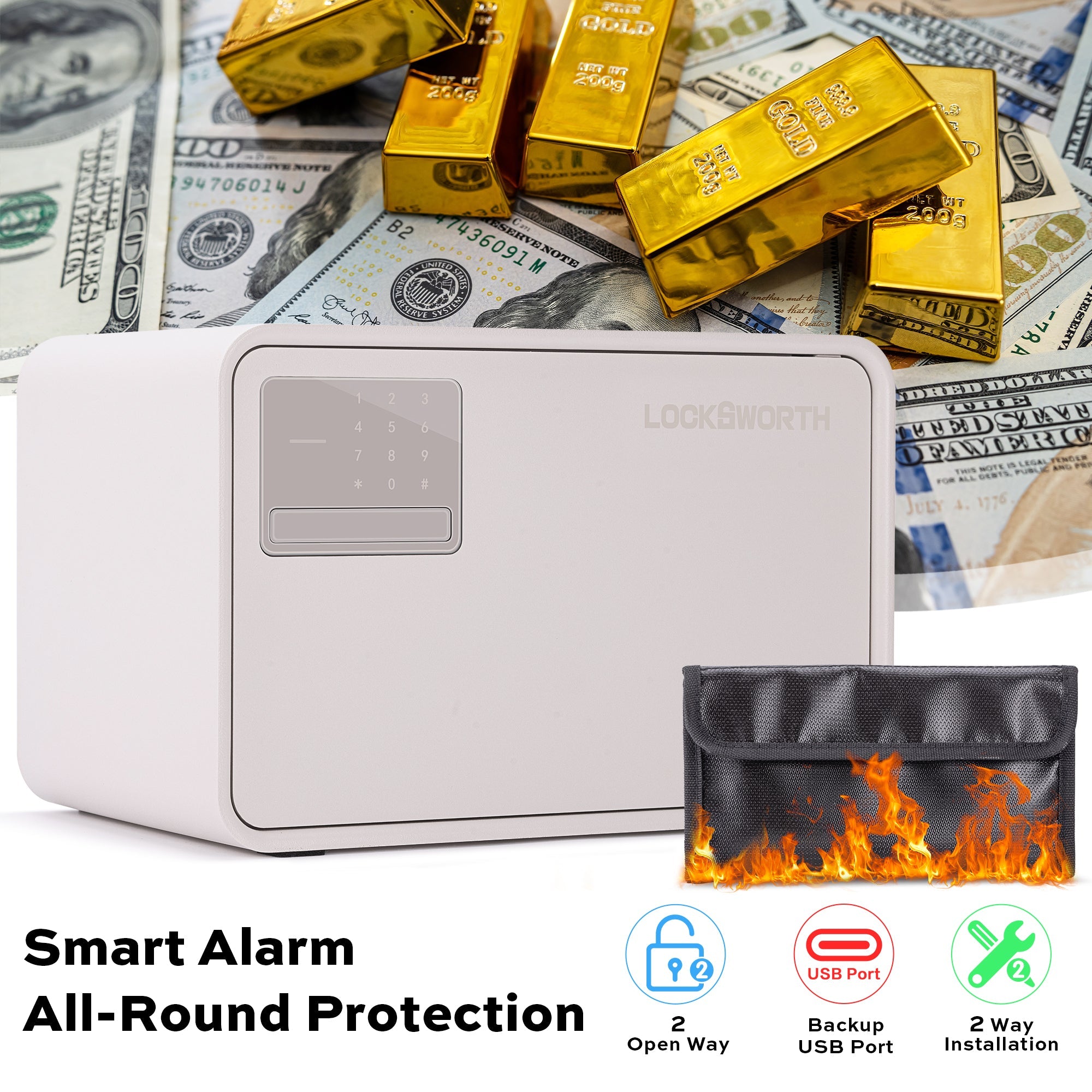 Locksworth 0.45 cubic Safe Box with Electronic Keypad, Security Lock Box With Fireproof Waterproof Bag & USB Port for Home Office Hotel Cash Jewelry Documents, White