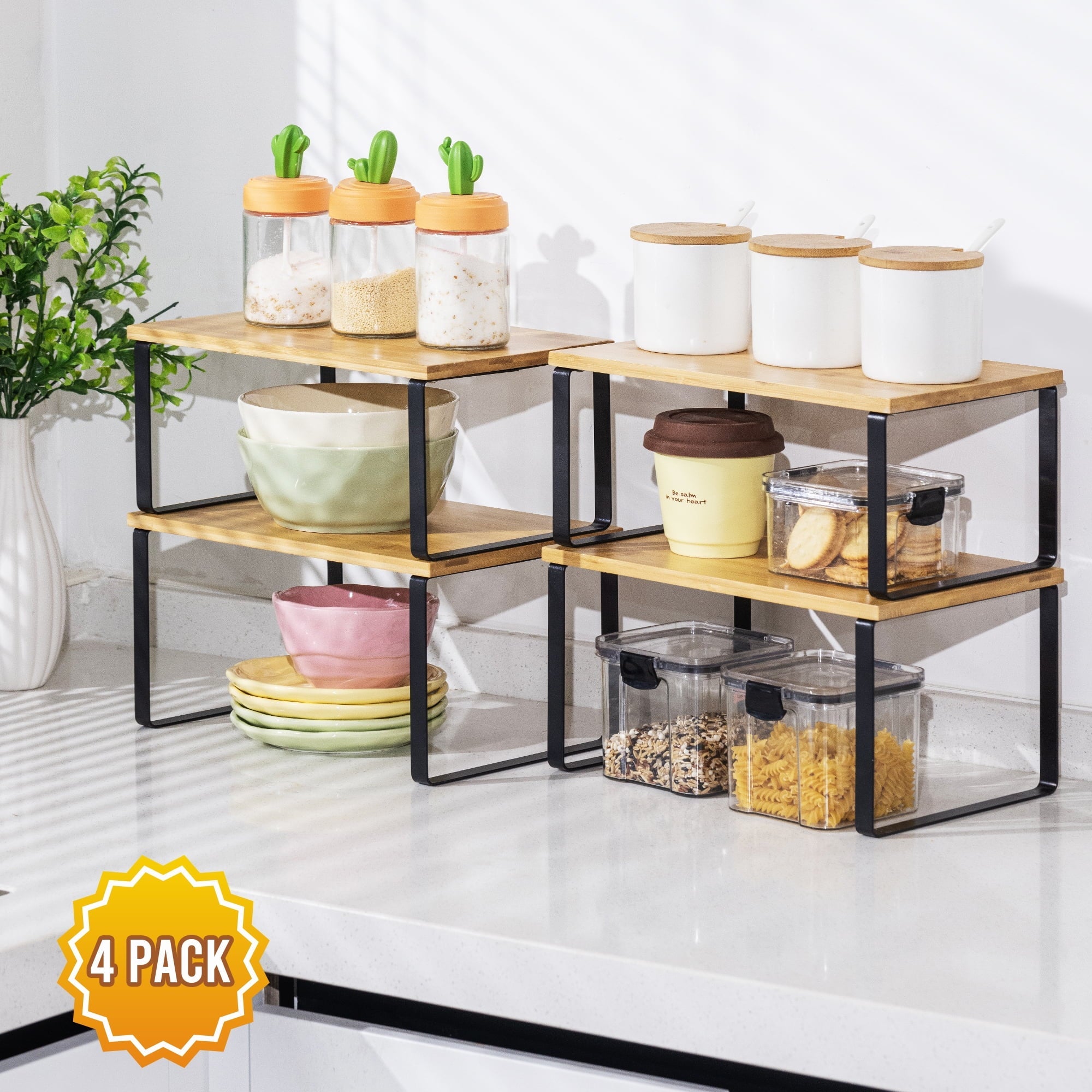 VUSIGN Cabinet Organizer Shelf, 4 Sets Kitchen Counter Shelves, Stackable Expandable Spice Rack,Cloud White and Natural Beige
