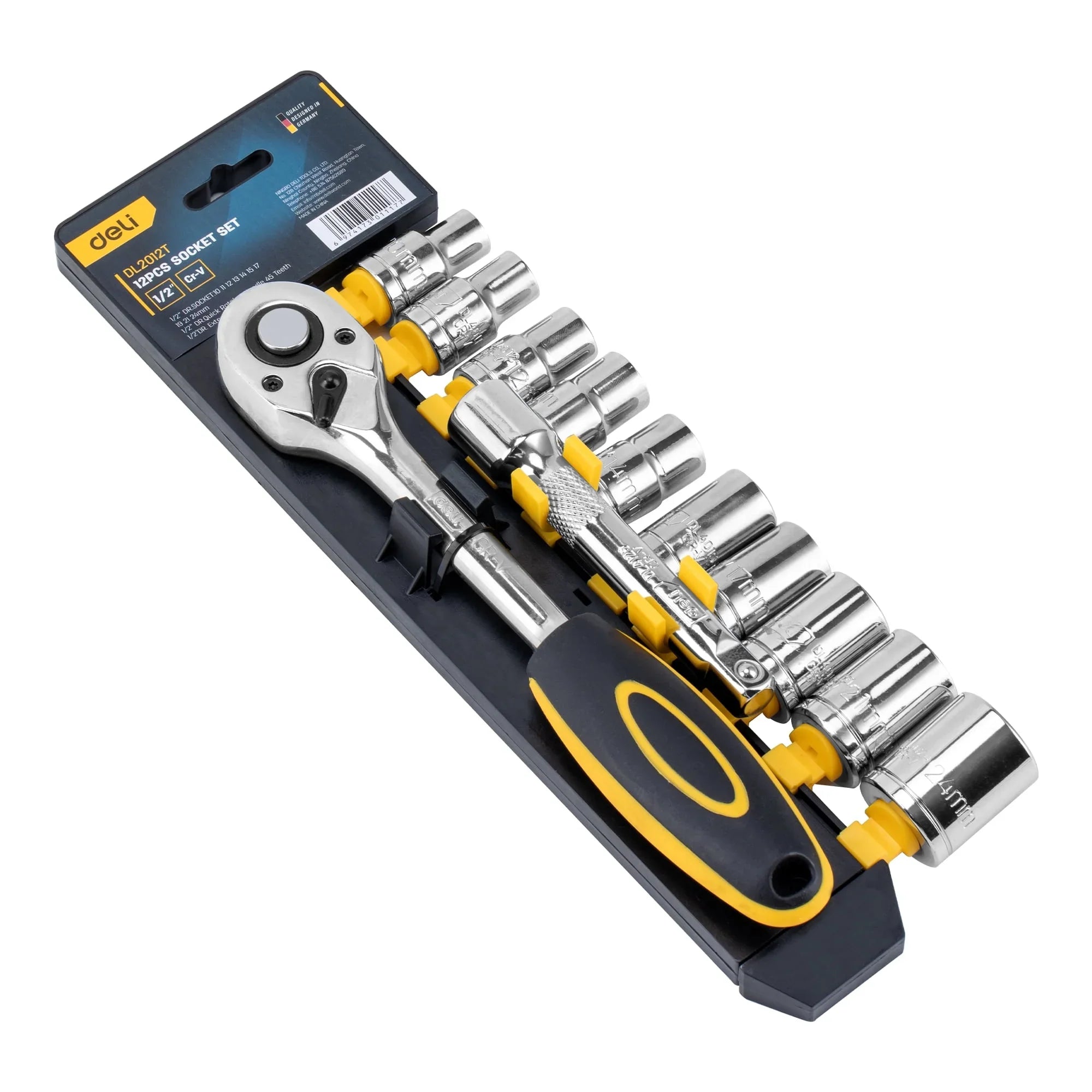 Deli 12-Piece 1/2" Drive Socket Set,Metric Ratchet 6-Point Socket Wrench Set,with 10 Sockets 10-24mm and 2 Way Ratchet Handle and Extension Bar