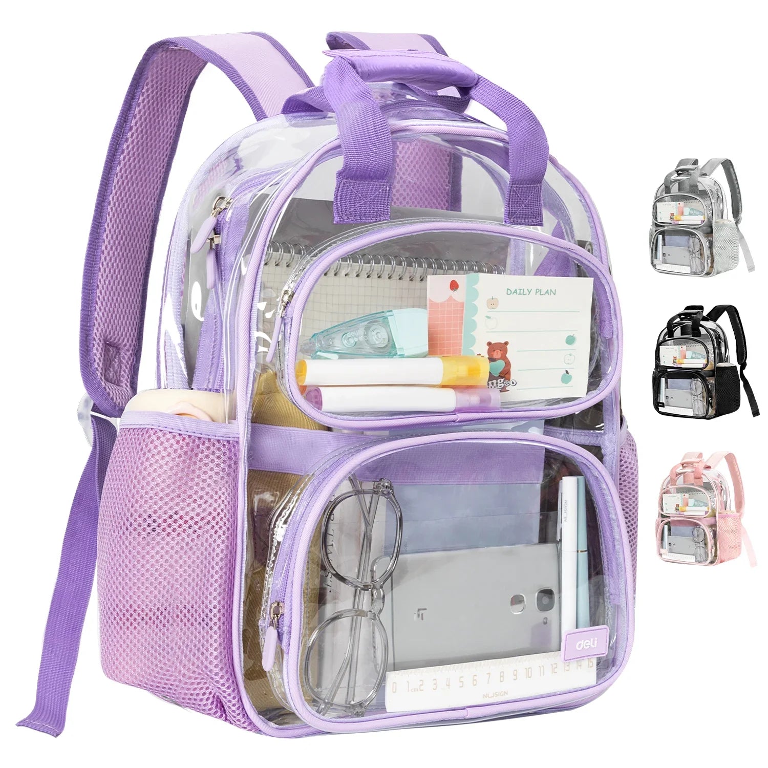Deli Clear Backpack Heavy Duty, Waterproof PVC Transparent Backpacks for for Kids Adults, Stadium Approved See Through Large Clear Bookbag with Reinforced Strap for School Work Travel, Purple