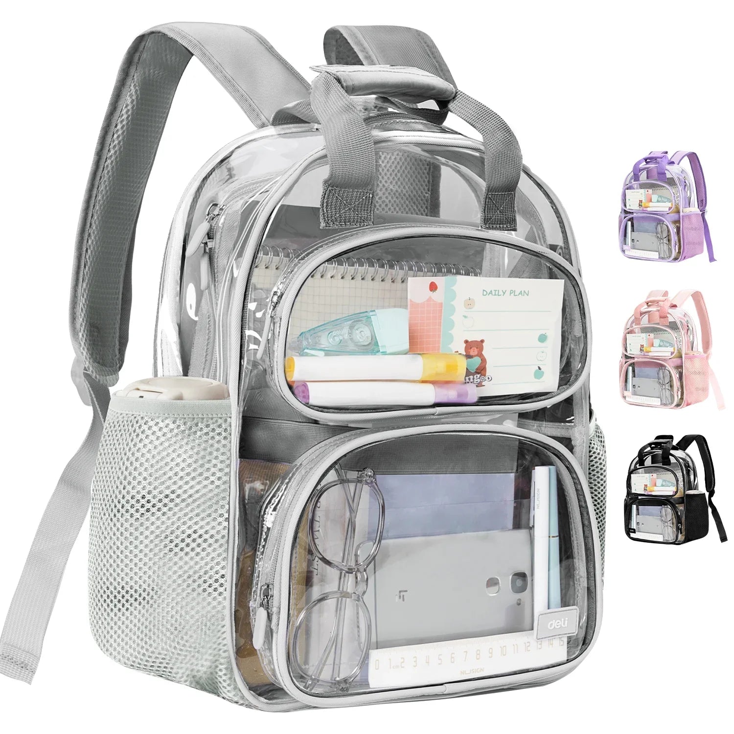 Deli Clear Backpack Heavy Duty, Waterproof PVC Transparent Backpacks for for Kids Adults, Stadium Approved See Through Large Clear Bookbag with Reinforced Strap for School Work Travel, Grey