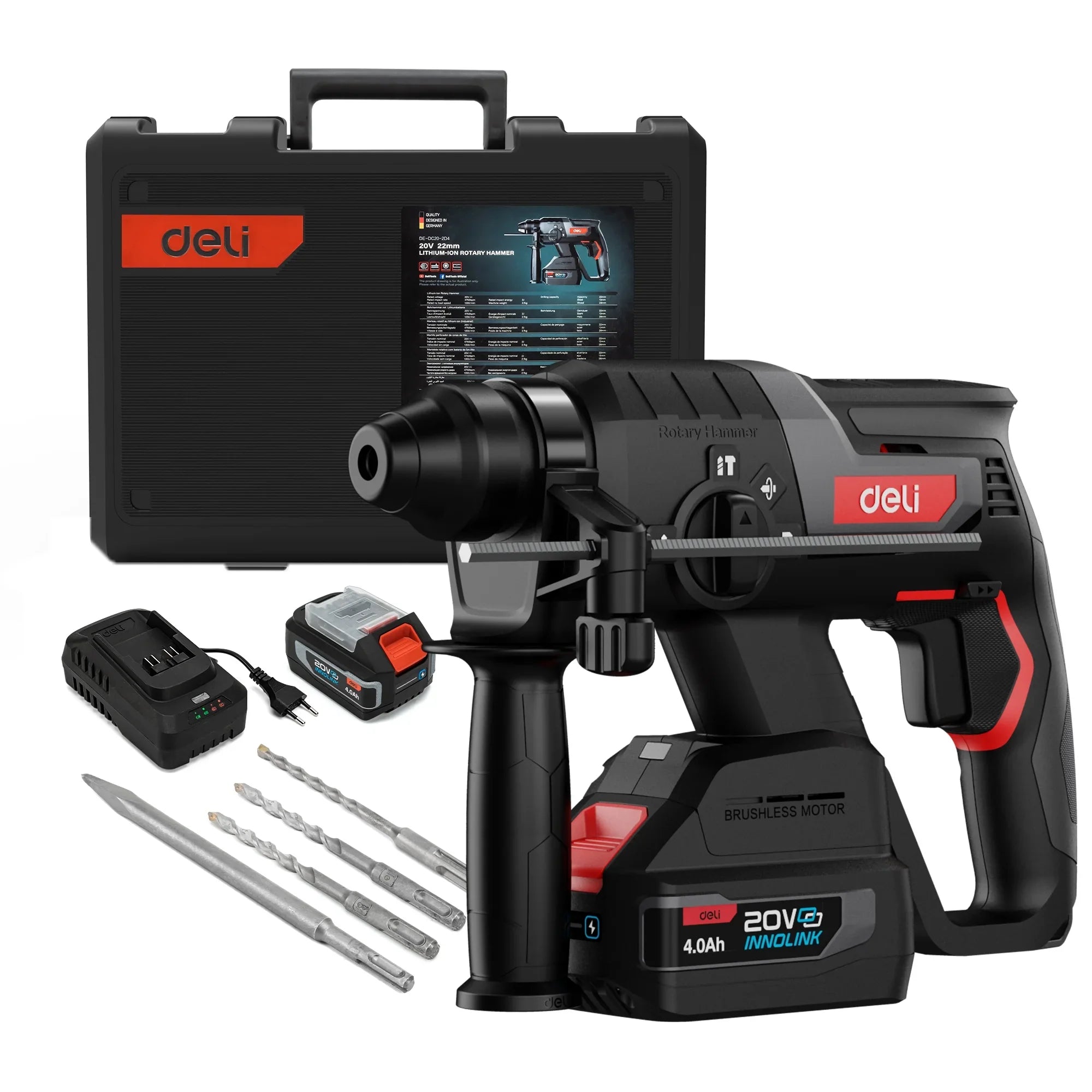 Deli 20V Max Lithium-Ion Rotary Hammer,1-1/4 Inch SDS-Plus Heavy Duty Brushless Cordless Chipping Hammer Drill  Kit,4 Modes w/Vibration Control & Safety Clutch , (2) 4.0Ah Batteries and Charger