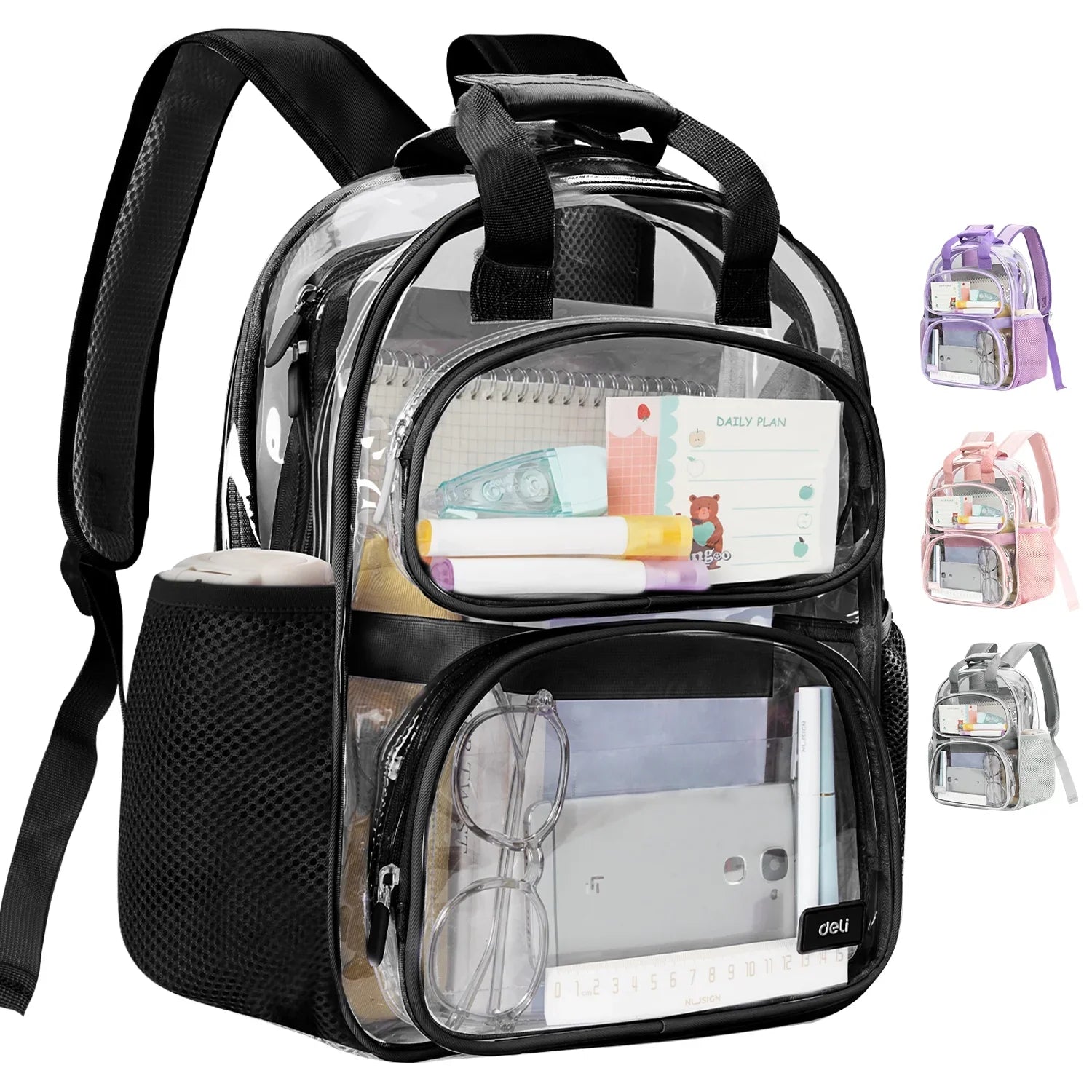 Deli Clear Backpack Heavy Duty, Waterproof PVC Transparent Backpacks for for Kids Adults, Stadium Approved See Through Large Clear Bookbag with Reinforced Strap for School Work Travel, Black