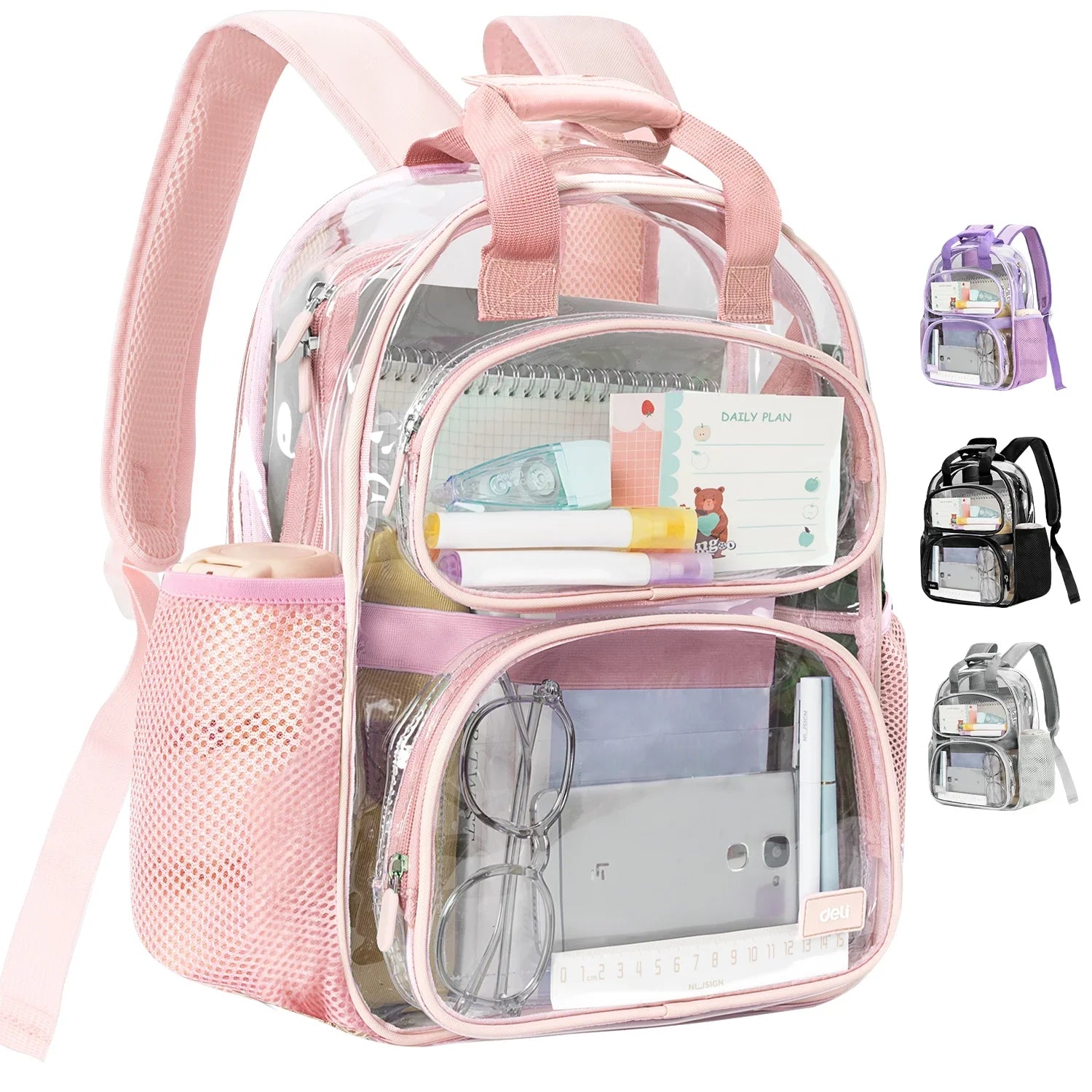 Deli Clear Backpack Heavy Duty, Waterproof PVC Transparent Backpacks for for Kids Adults, Stadium Approved See Through Large Clear Bookbag with Reinforced Strap for School Work Travel, Pink