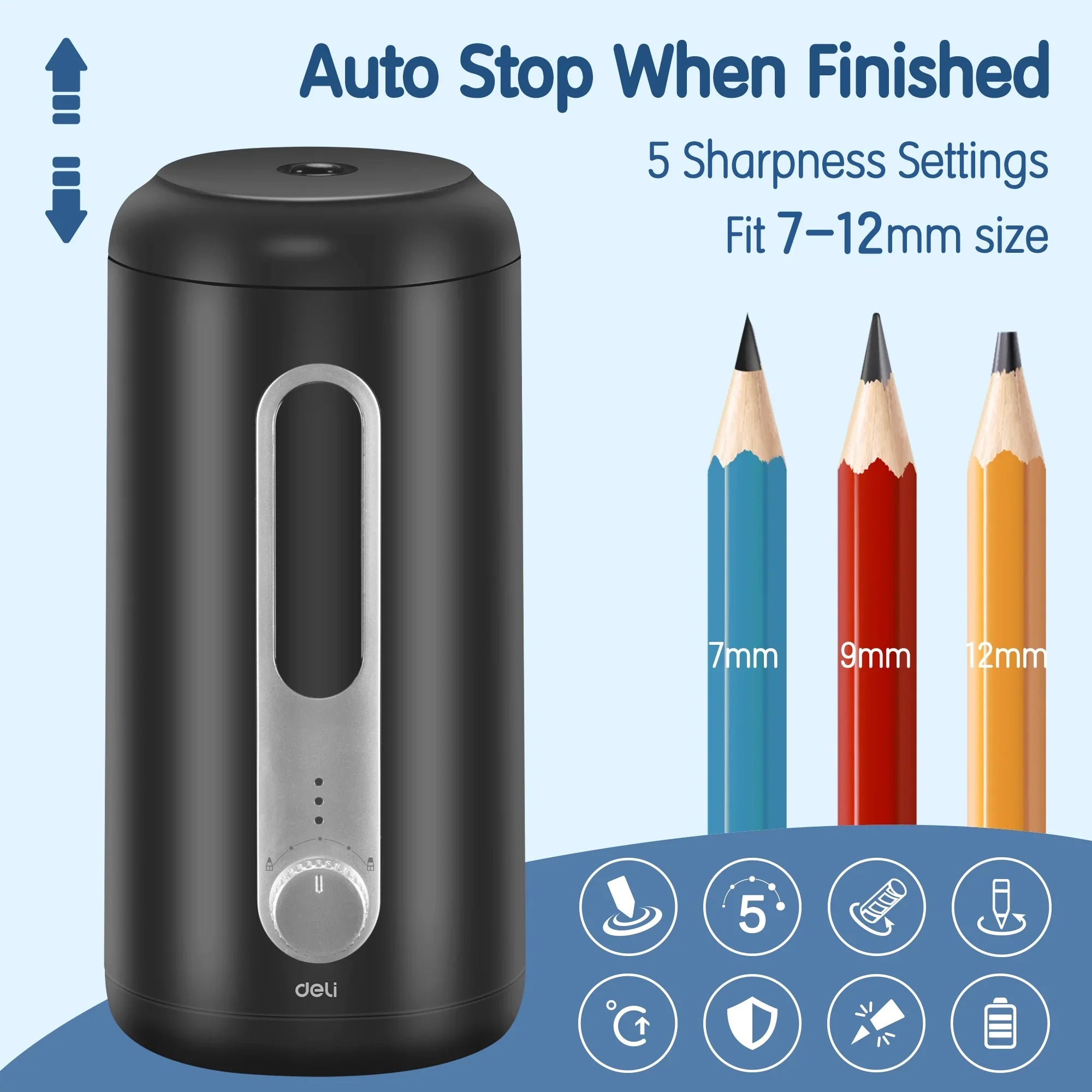 Deli Electric Pencil Sharpener for Colored Pencils 7-12mm, Fully Automatic Pencil Sharpener, Auto in & Out, Suitable for Large Pencils/Office/Home-Black, USB & Battery Operated, Black