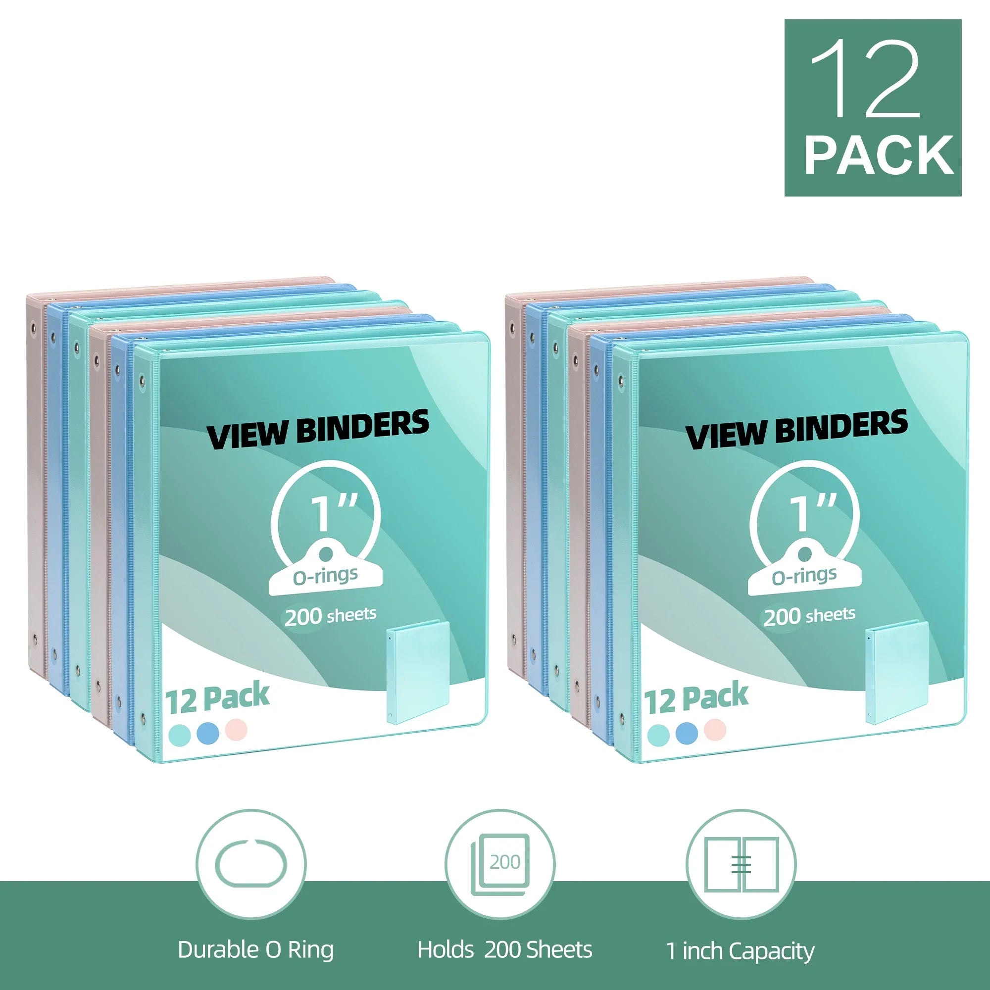 Deli 3 Ring Binders,1" Economy Round Ring View Binders with 2 Interior Pockets for Office,Home, and School Use,200 Sheets, 12-Pack (Mixed Color)