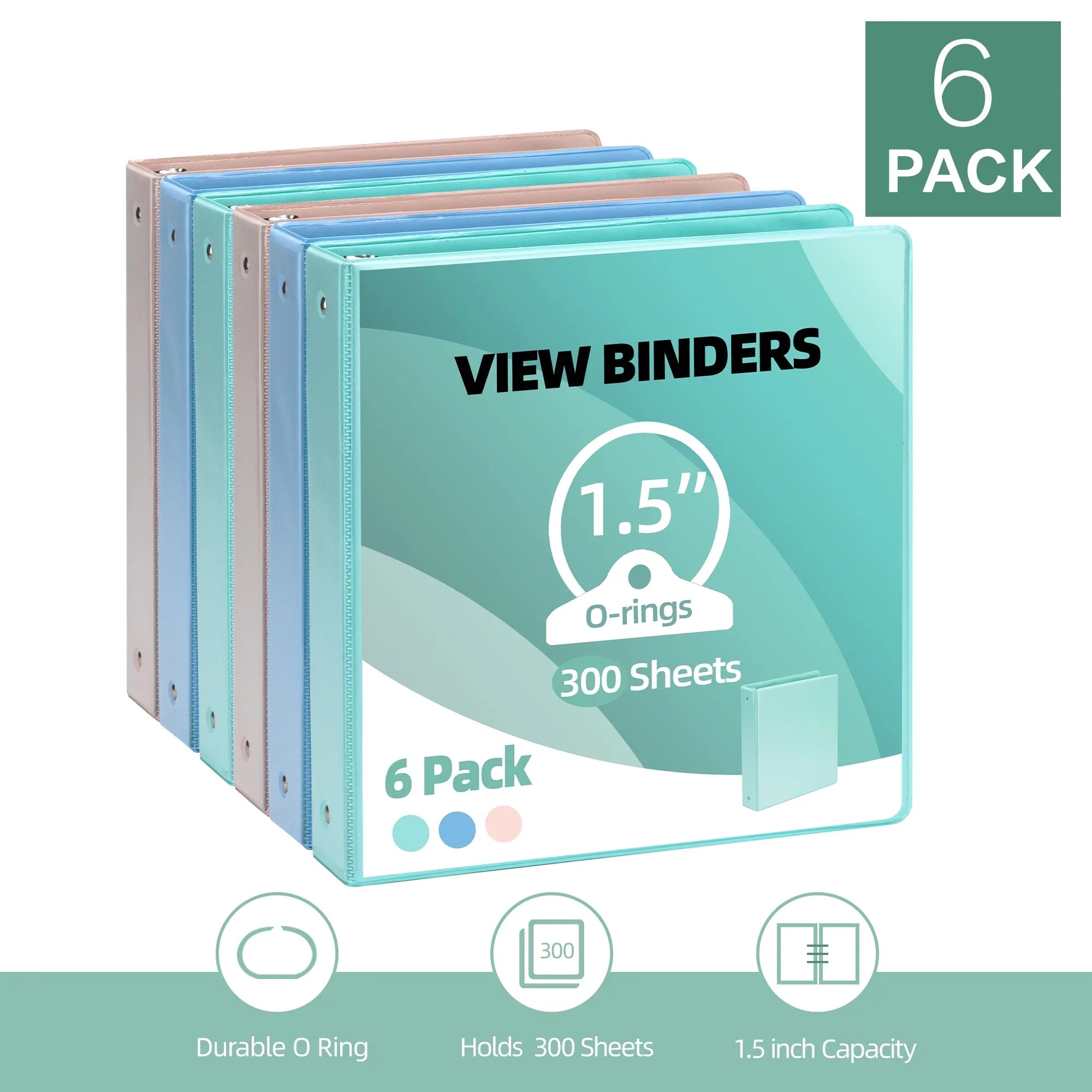 Deli 3 Ring Binders,1.5" Economy Round Ring View Binders with 2 Interior Pockets for Office, Home, and School Use, 300 Sheets, 6-Pack (Mixed Color)