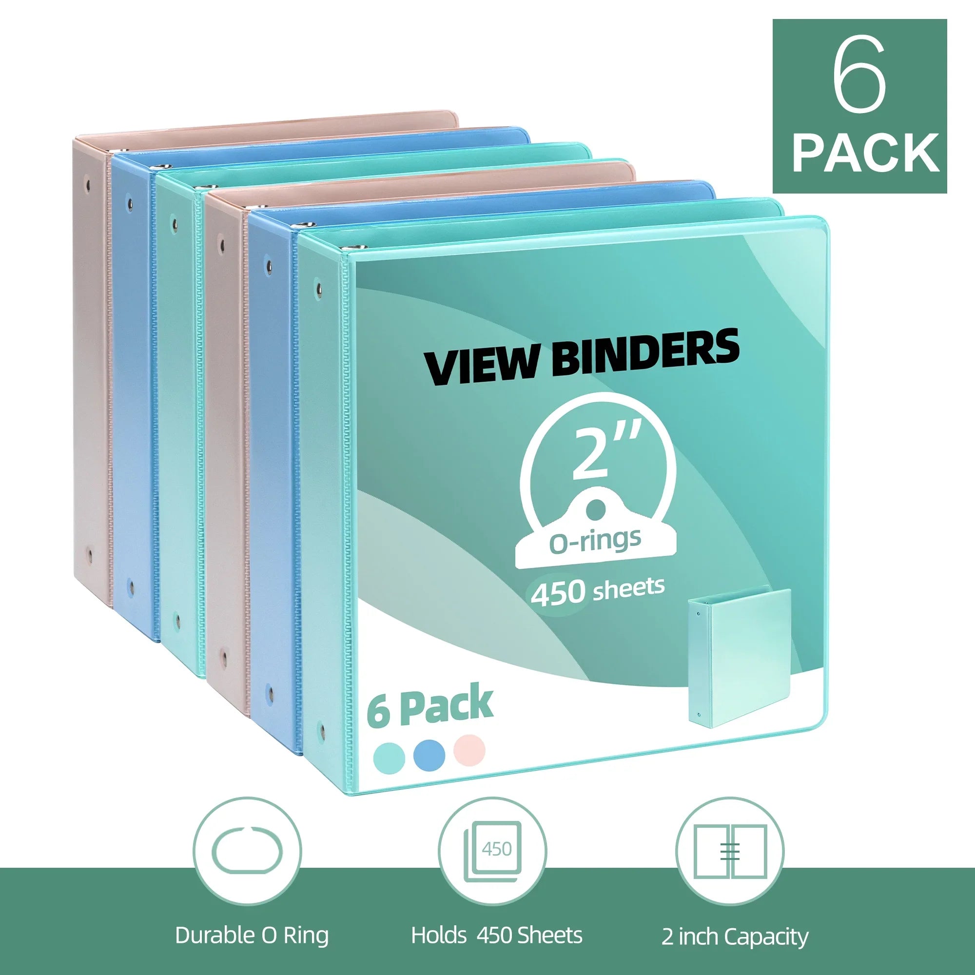 Deli 3 Ring Binders,2" Economy Round Ring View Binders with 2 Interior Pockets for Office, Home, and School Use, 450 Sheets, 6-Pack (Mixed Color)