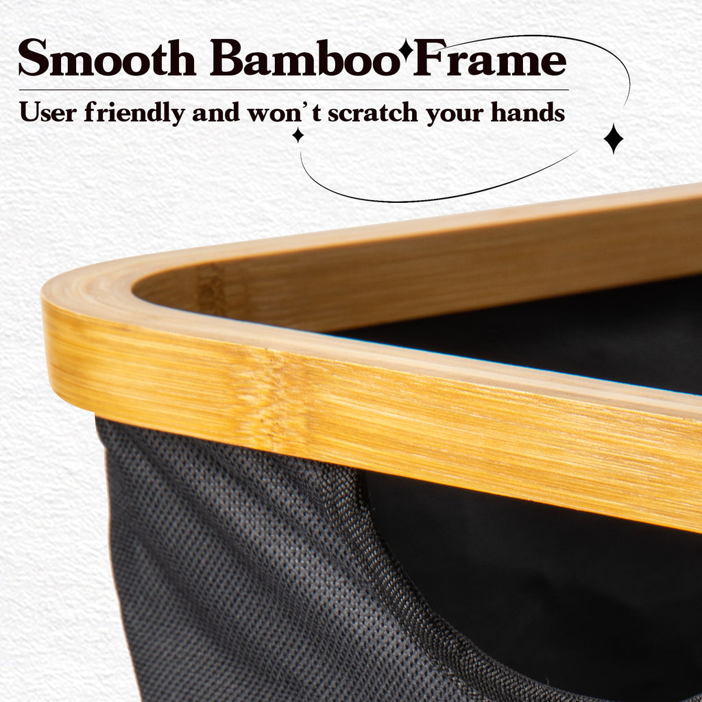 VUSIGN Fabric Storage Baskets with Bamboo Handles, Collapsible, Black Set of 2, L Size