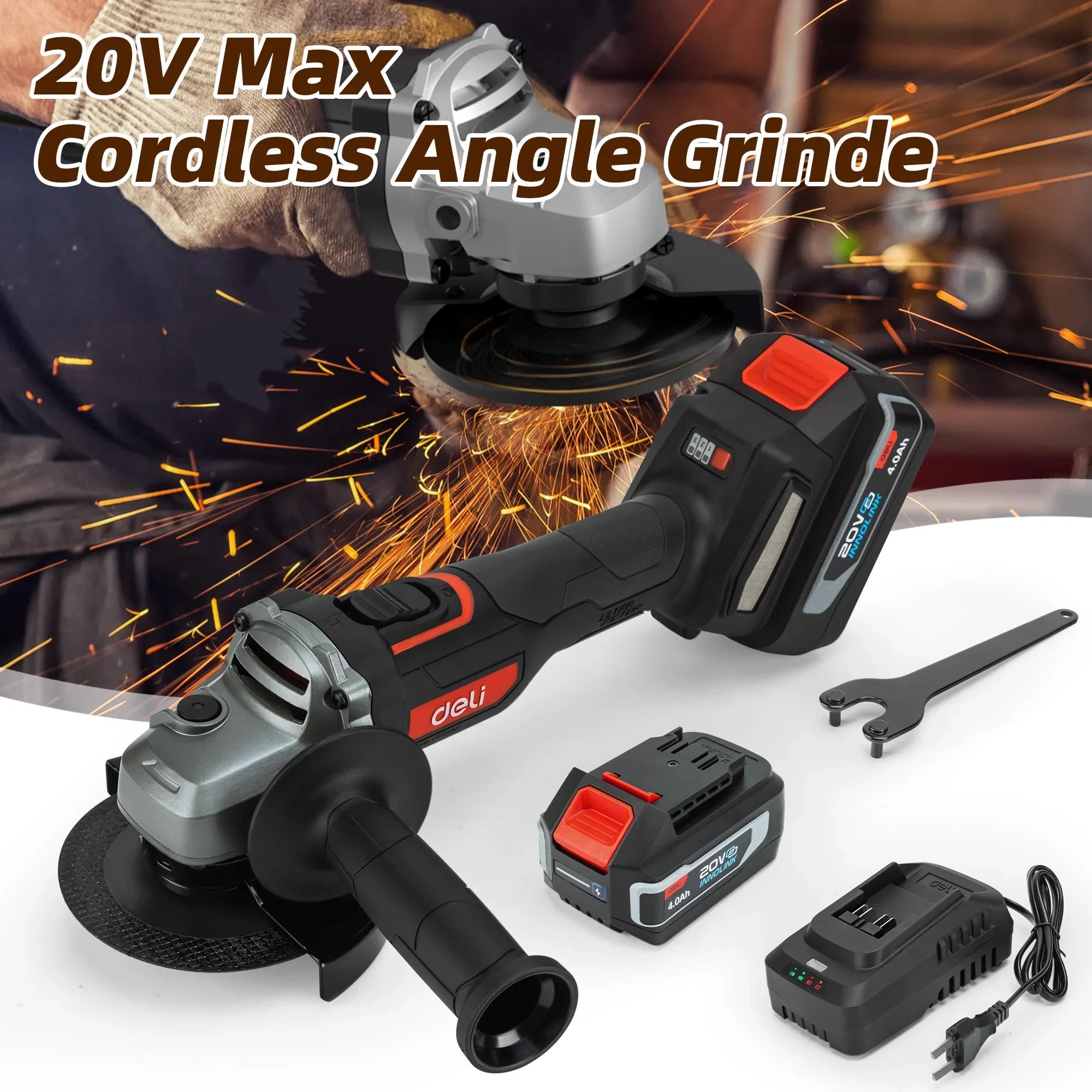 Deli 20V Max Cordless Angle Grinder,4-1/2 inch Electric Grinder Kit,Brushless Motor with 2x 4.0 Ah Lithium-Ion Batteries,Charger,Flap Disc and Auxiliary Handle for Cutting, Grinding