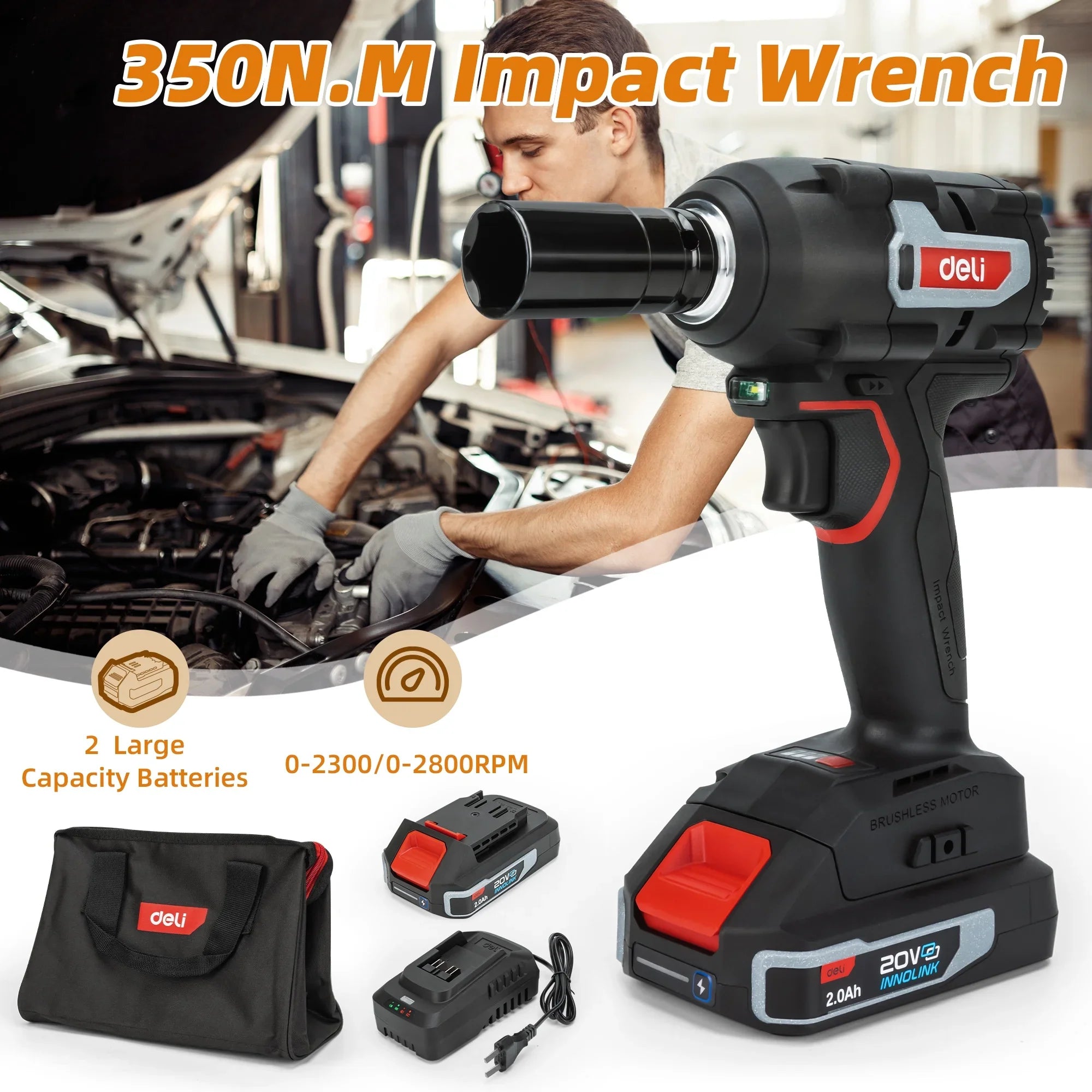 Deli 1/2 inch Cordless Power Impact Wrench,with 20V Brushless Motor, (2) 2.0Ah Li-ion Batteries ,Fast Charger,1 Socket & Storage Bag,Max Torque 258 Ft-lbs (350N.m)