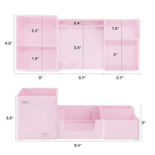 deli Desk Organizer, Plastic Desktop Organizer with Pencil Holder and Sticky Note Tray, Office Stationery Supplies Organizers Accessories Caddy, 6 Compartments, Pink