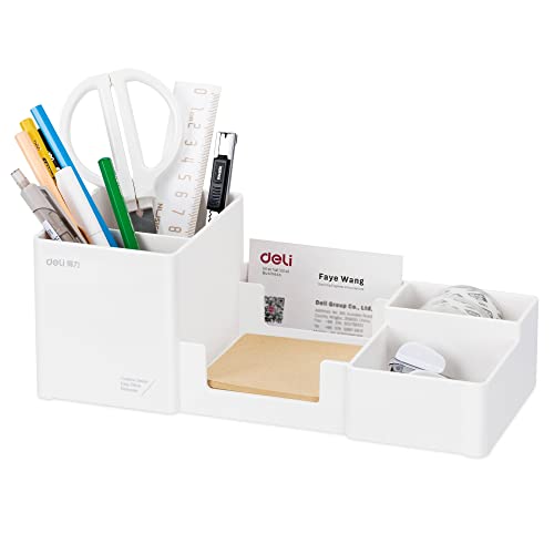 deli Desk Organizer, Plastic Desktop Organizer with Pencil Holder and Sticky Note Tray, Office Stationery Supplies Organizers Accessories Caddy, 6 Compartments, White