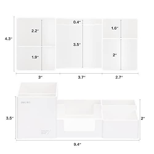 deli Desk Organizer, Plastic Desktop Organizer with Pencil Holder and Sticky Note Tray, Office Stationery Supplies Organizers Accessories Caddy, 6 Compartments, White