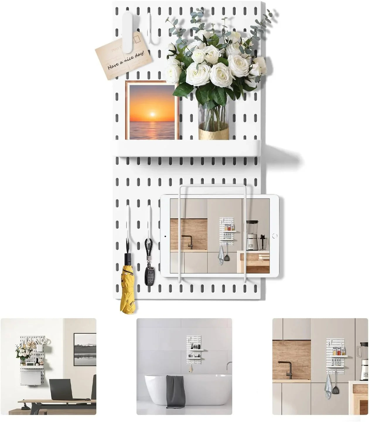 VUSIGN Pegboard Combination Wall Organizer Kit, 2 Pieces Pegboards and 10 Accessories Modular Hanging, 11" x 22", White