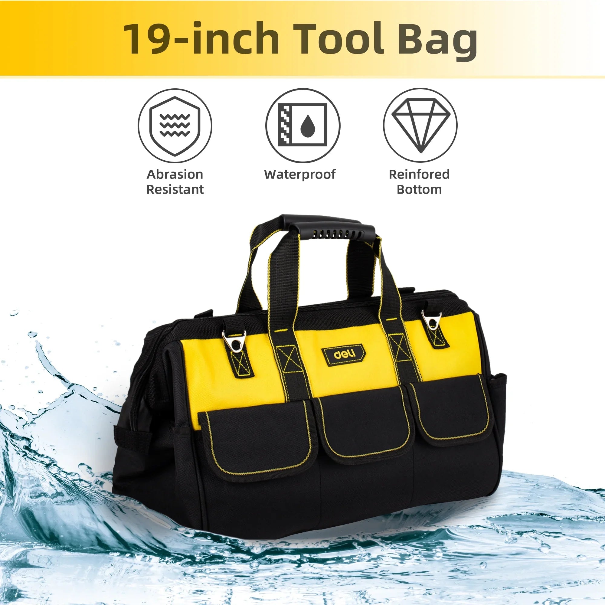 Deli 19-inch Tool Bag, Wide Mouth Tool Bag with Waterproof Bottom and Adjustable Shoulder Straps