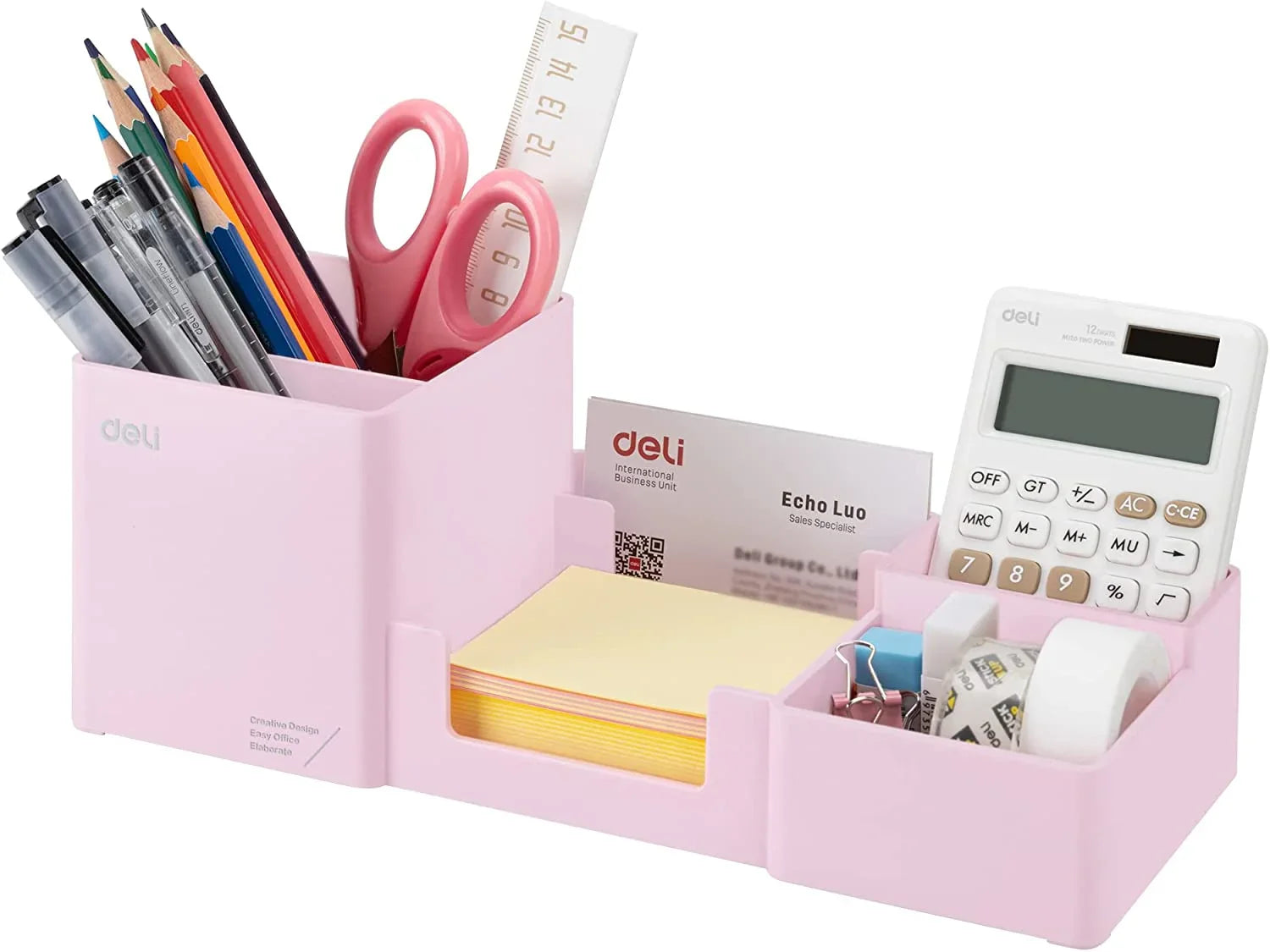 Deli Desk Organizer, Plastic Desktop Organizer with Pencil Holder and Sticky Note Tray, 6 Compartments, Pink