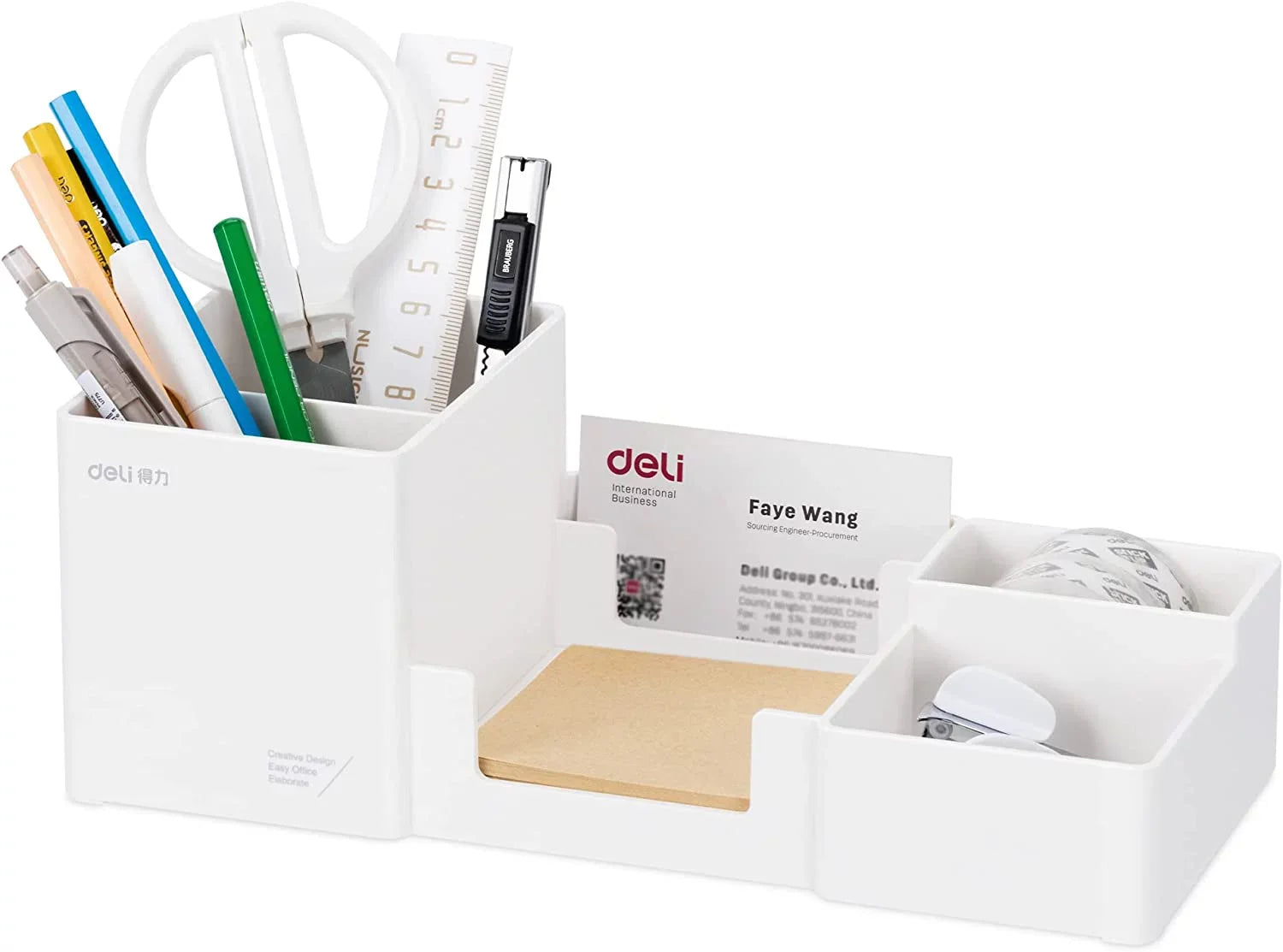 Deli Desk Organizer, Plastic Desktop Organizer with Pencil Holder and Sticky Note Tray, 6 Compartments, White