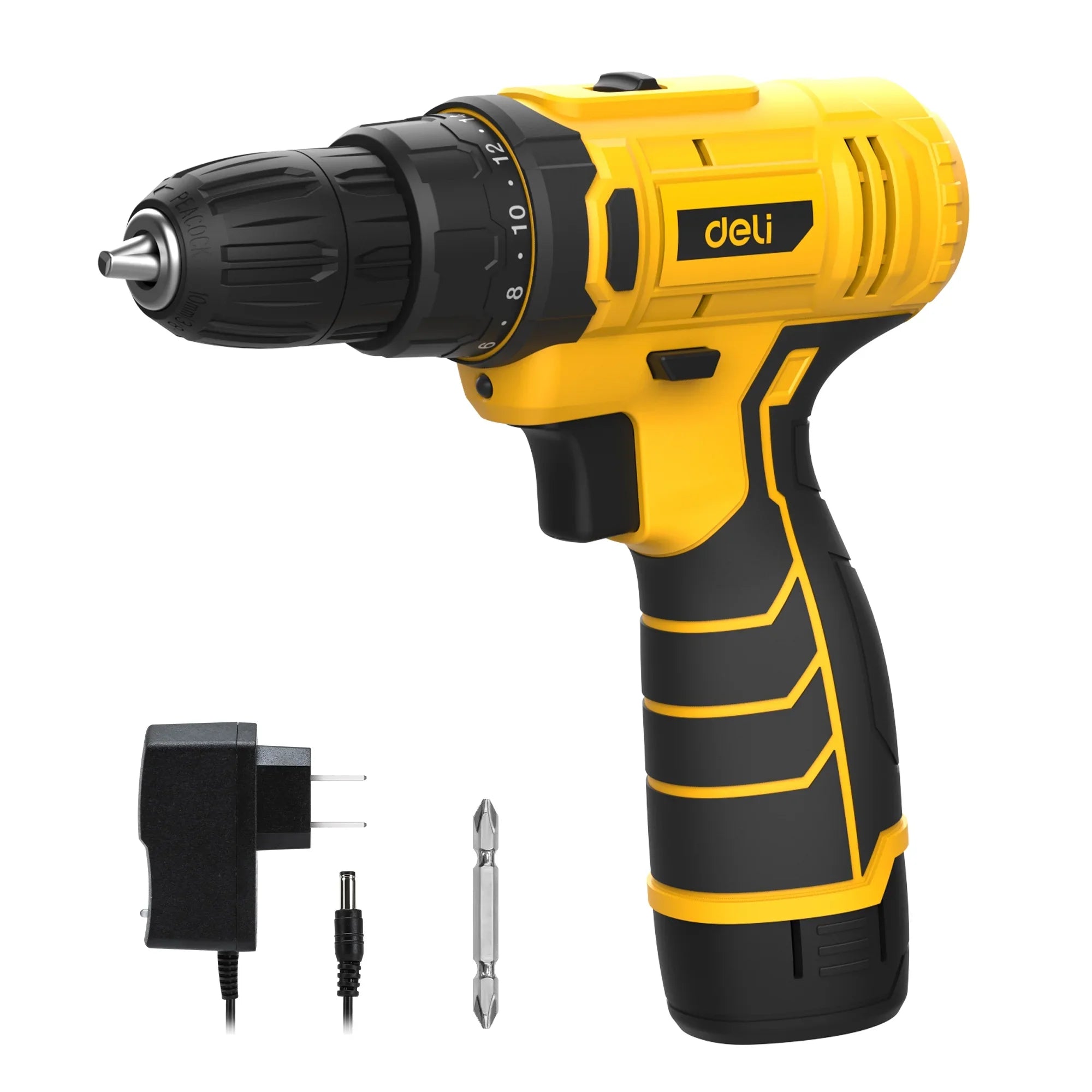Deli 12V Max Lithium-Ion Cordless Impact Drill Driver Set, Electric Screwdriver Driver Tool Kit, 3/8" Keyless Chuck,,with 2.0Ah Battery,Charger
