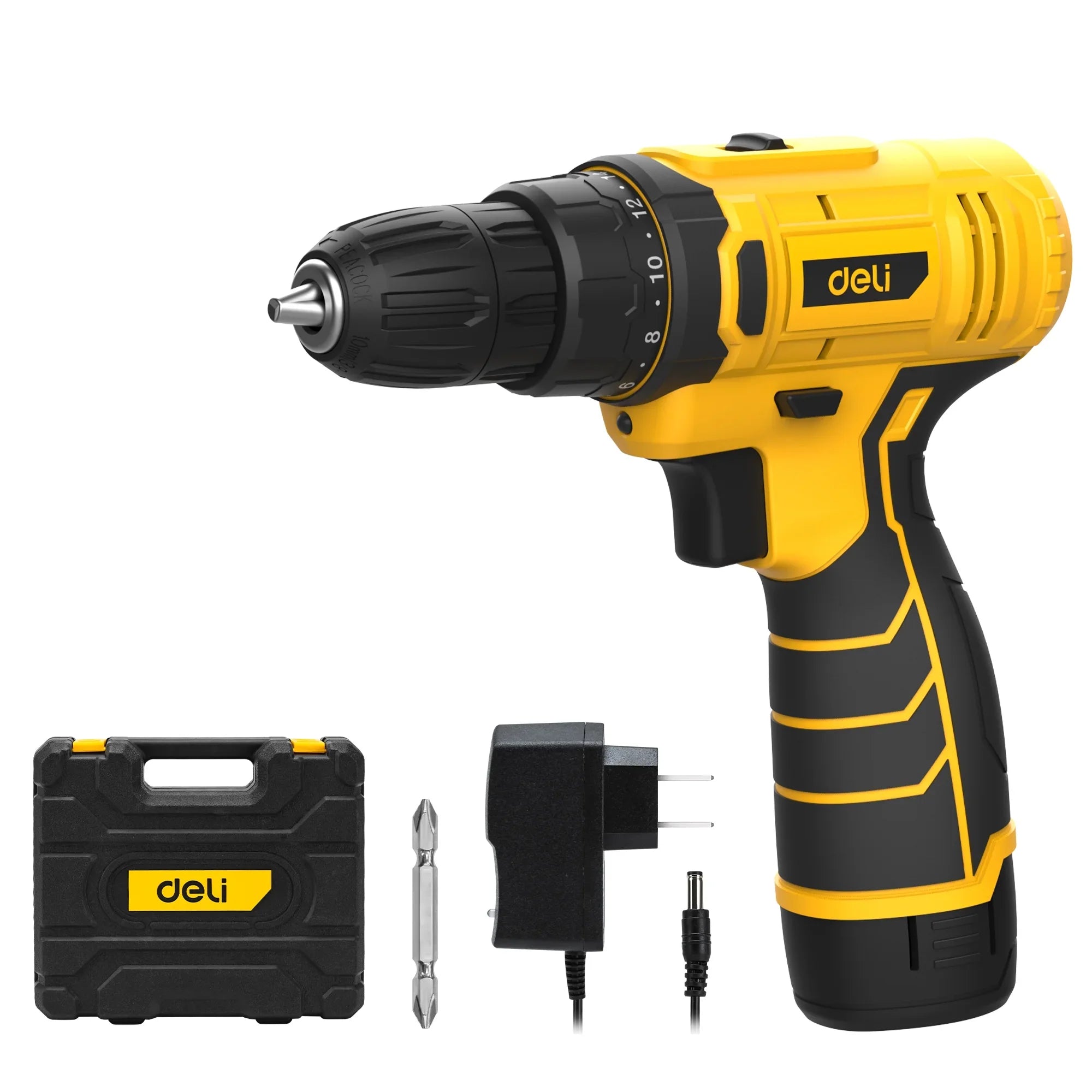 Deli 12V Max Lithium-Ion Cordless Impact Drill Driver Set, Electric Screwdriver Driver Tool Kit, 3/8" Keyless Chuck,with 2.0Ah Battery,Charger and Plastic Tool Box