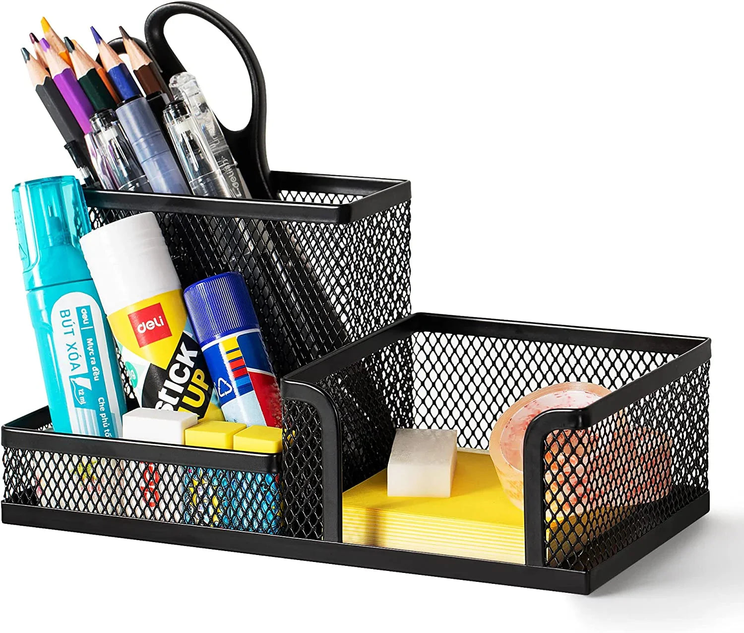 Deli Mesh Desk Organizer Office Supplies with Pencil Holder and Storage Baskets, 3 Compartments, Black