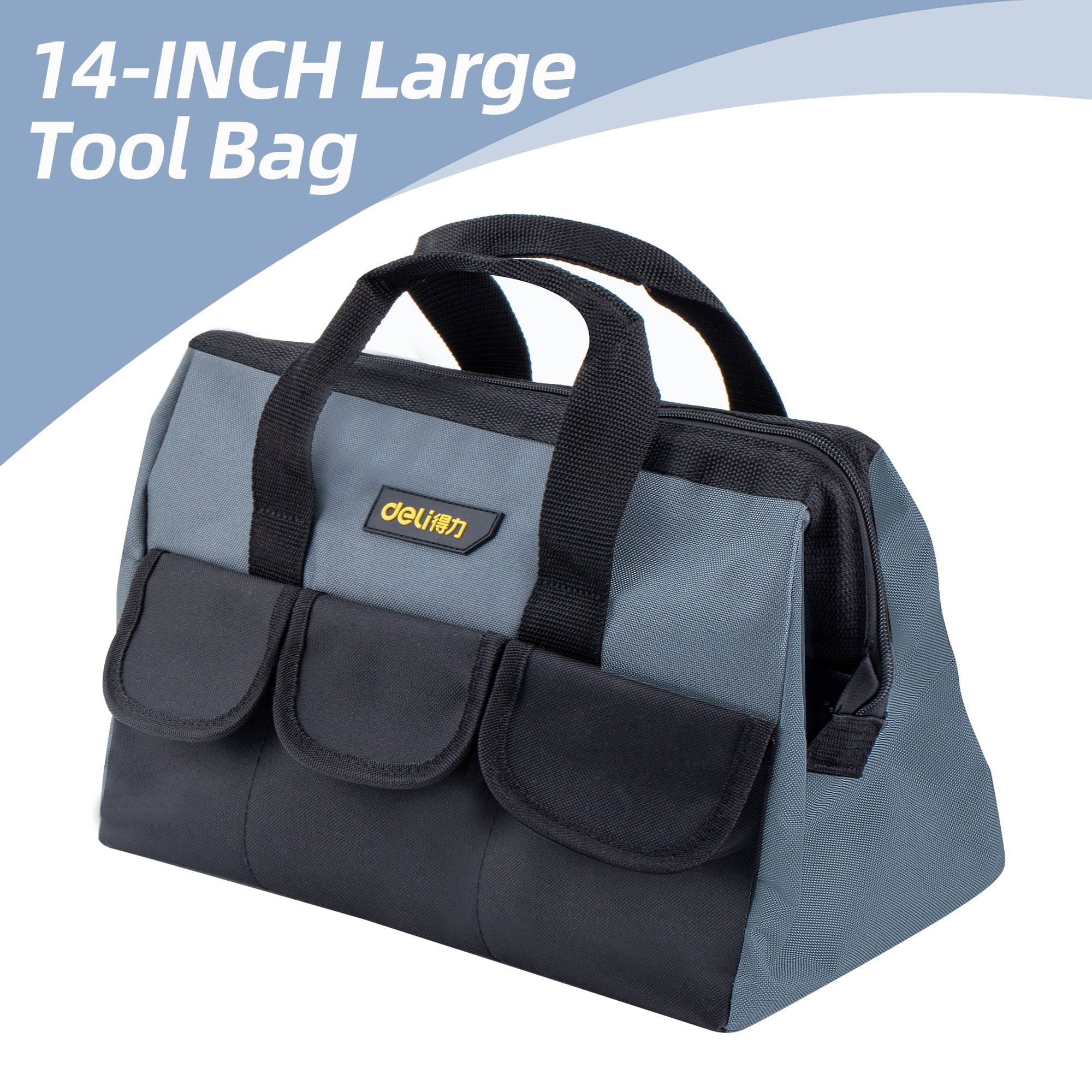 Deli 16-inch Heavy Duty Contractor Tool Bag ,Large Capacity Oxford Bag,Wide Mouth Tool Tote Bag with Pockets, Black & Gray