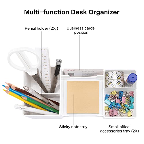 deli Desk Organizer, Plastic Desktop Organizer with Pencil Holder and Sticky Note Tray, Office Stationery Supplies Organizers Accessories Caddy, 6 Compartments, White