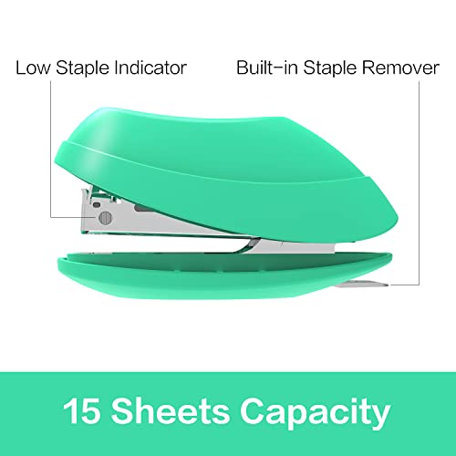 Deli Mini Stapler, 15 Sheet Capacity, Includes Built-in Staple Remover & 1000pcs NO.10 Staples, Green