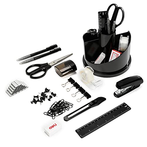 deli Office Supplies Set, Desk Accessory Organizer Kit, Stapler Set, Rotating Multi-Functional Pen Holder, Tape Dispenser, Pens, Binder Clips, Sharpener, Scissor, Eraser, Black