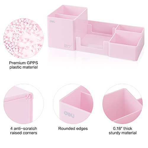 deli Desk Organizer, Plastic Desktop Organizer with Pencil Holder and Sticky Note Tray, Office Stationery Supplies Organizers Accessories Caddy, 6 Compartments, Pink