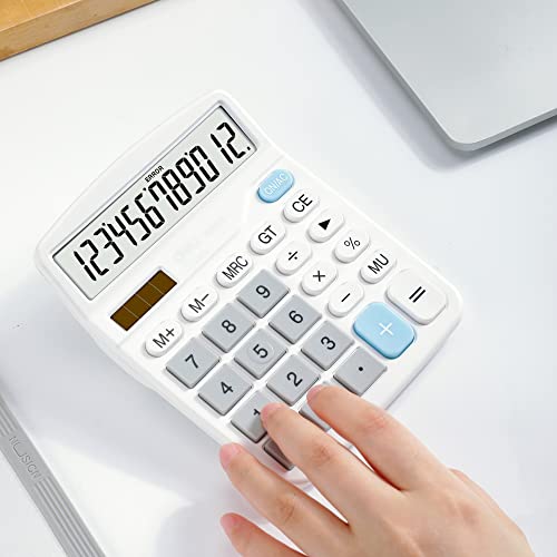 Calculator, Deli Standard Function Desktop Calculators with 12 Digit Large LCD Display and Sensitive Button, Solar Battery Dual Power Office Calculator, White