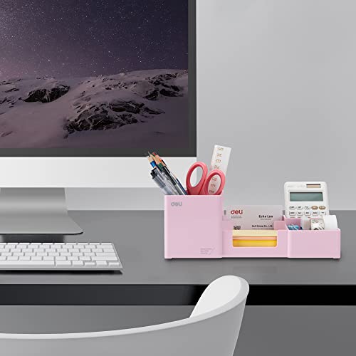 deli Desk Organizer, Plastic Desktop Organizer with Pencil Holder and Sticky Note Tray, Office Stationery Supplies Organizers Accessories Caddy, 6 Compartments, Pink