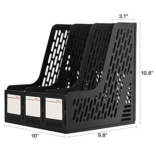 deli Magazine File Holder, Desk Organizer File Folder for Office Organization and Storage, Sturdy Plastic Binder Organizer, 3 Vertical Compartments, Black