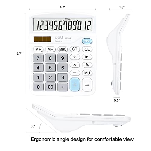 Calculator, Deli Standard Function Desktop Calculators with 12 Digit Large LCD Display and Sensitive Button, Solar Battery Dual Power Office Calculator, White