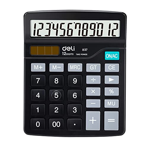 Calculator, Deli Standard Function Desktop Calculators with 12 Digit Large LCD Display and Sensitive Button, Solar Battery Dual Power Office Calculator, Black